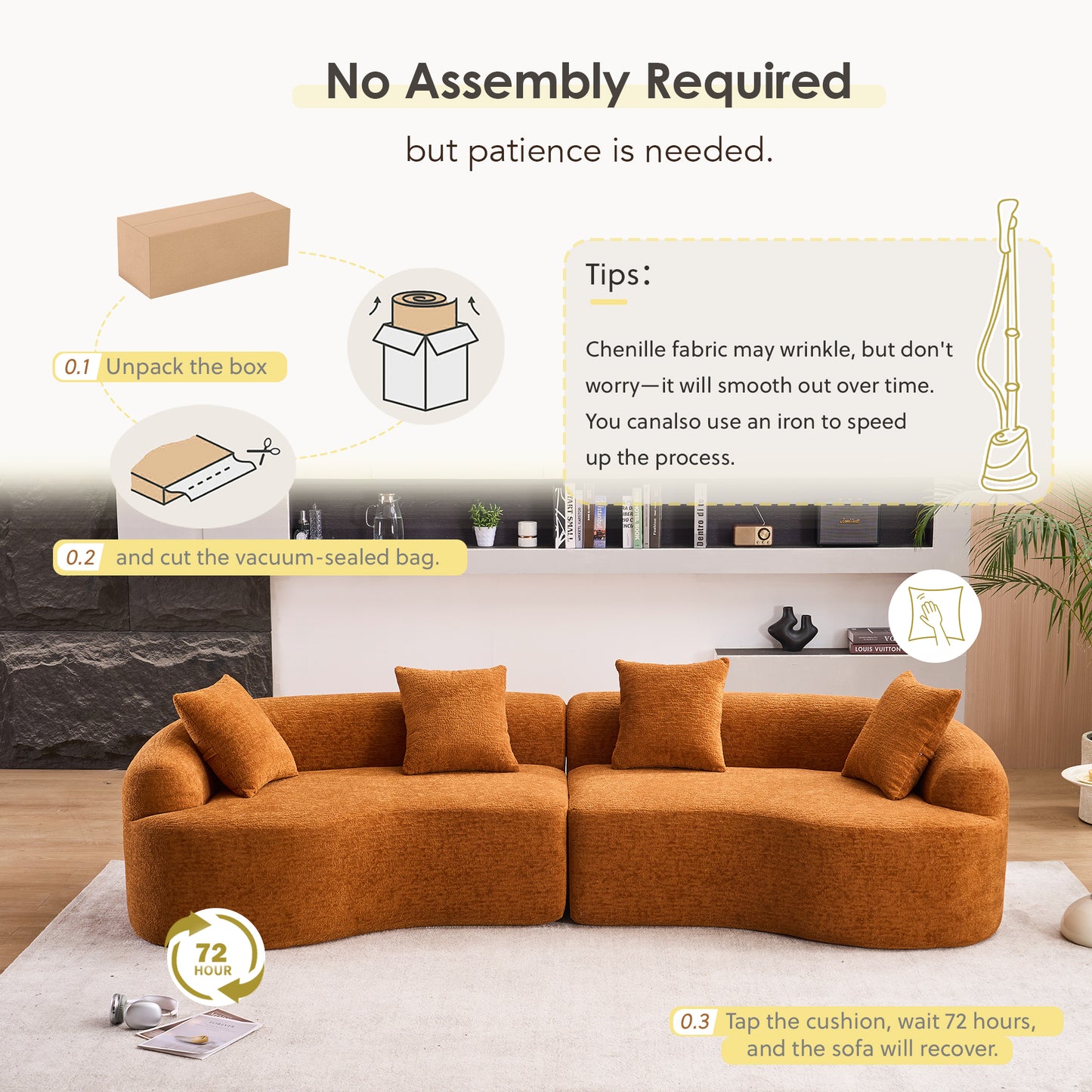 Chenille Spring-Core Compression Sofa — 4-Seat, 110"W — Orange