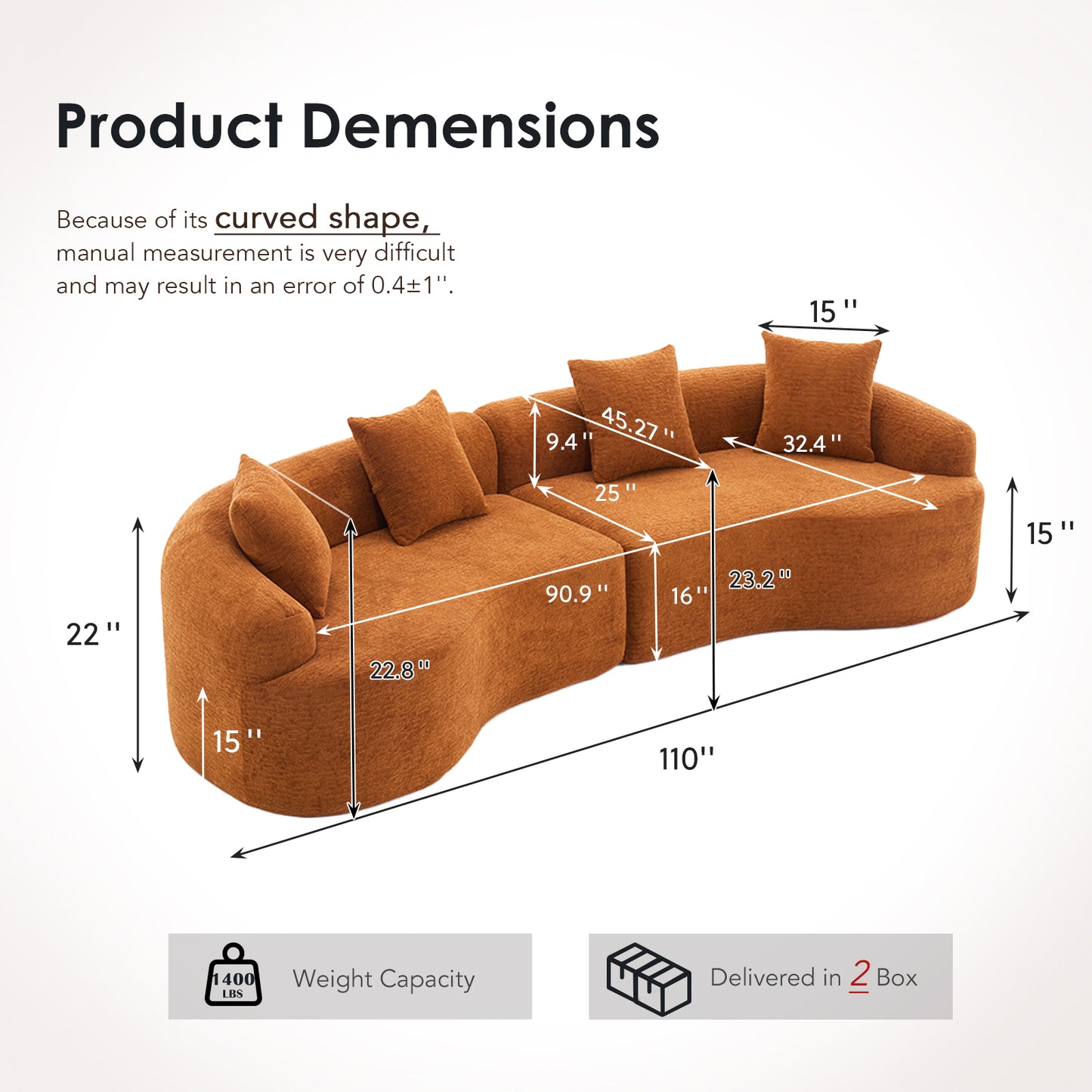 Chenille Spring-Core Compression Sofa — 4-Seat, 110"W — Orange