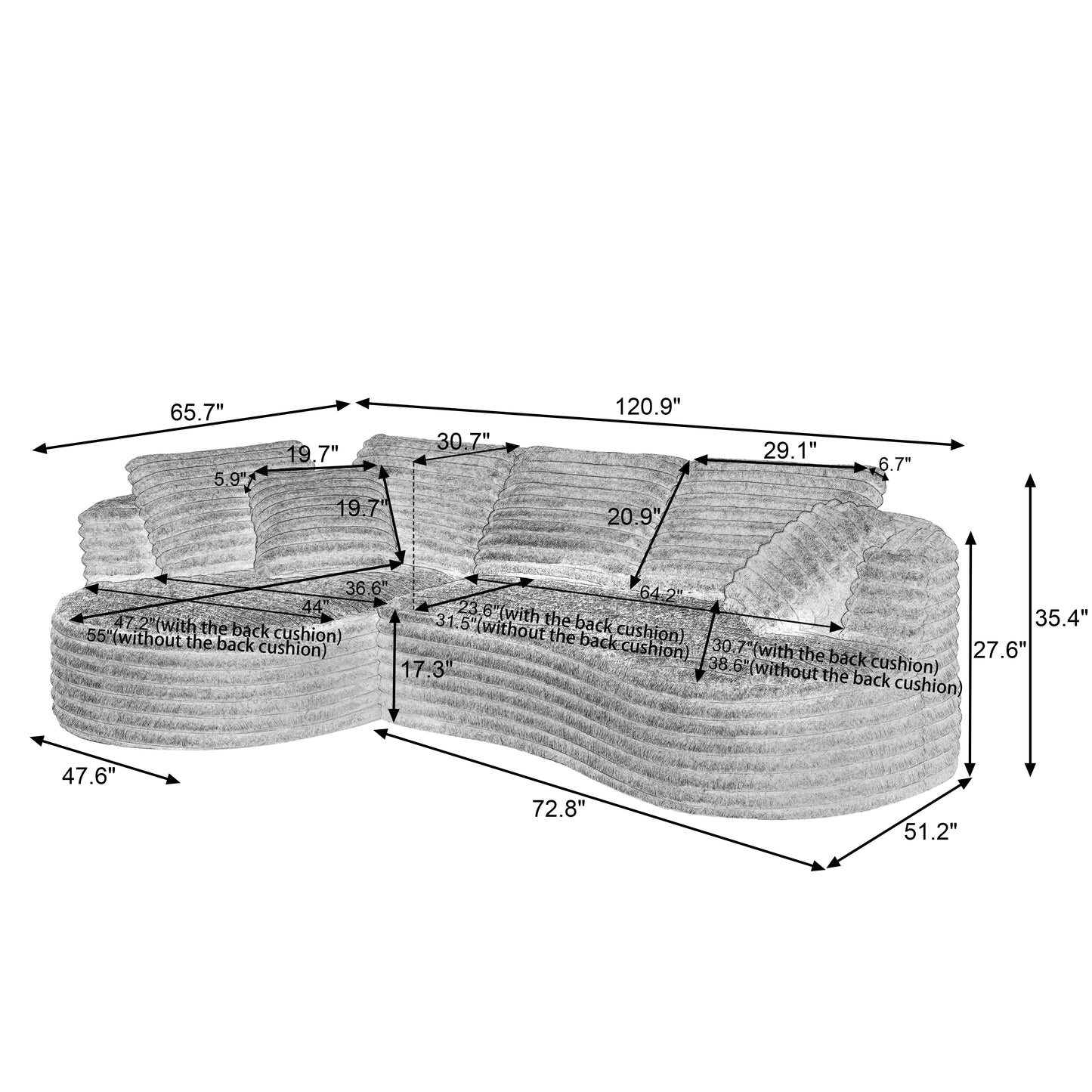 Corduroy Compression Sofa — 4-Seat, 121"W — dimensions