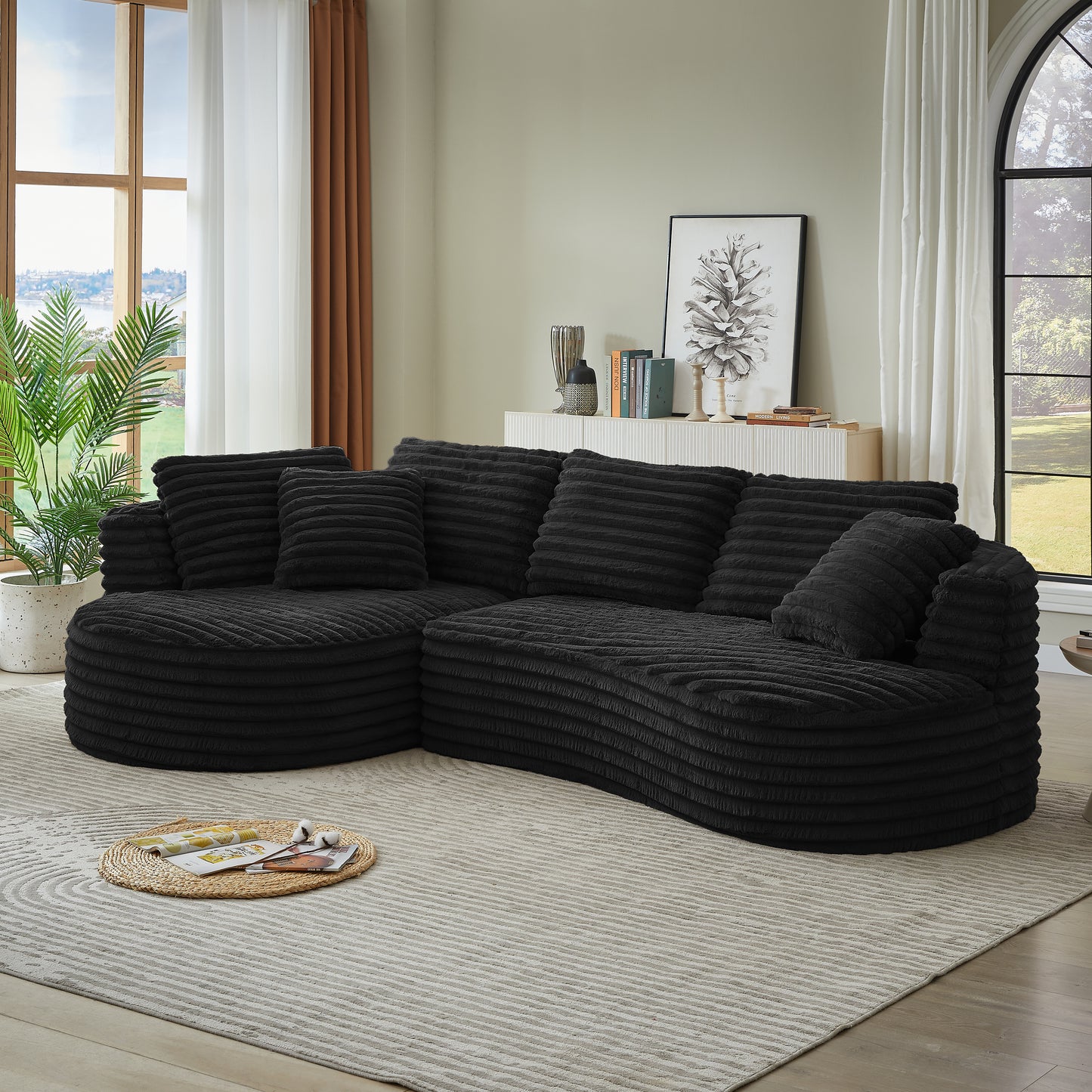 Corduroy Compression Sofa — 4-Seat, 121"W — Black