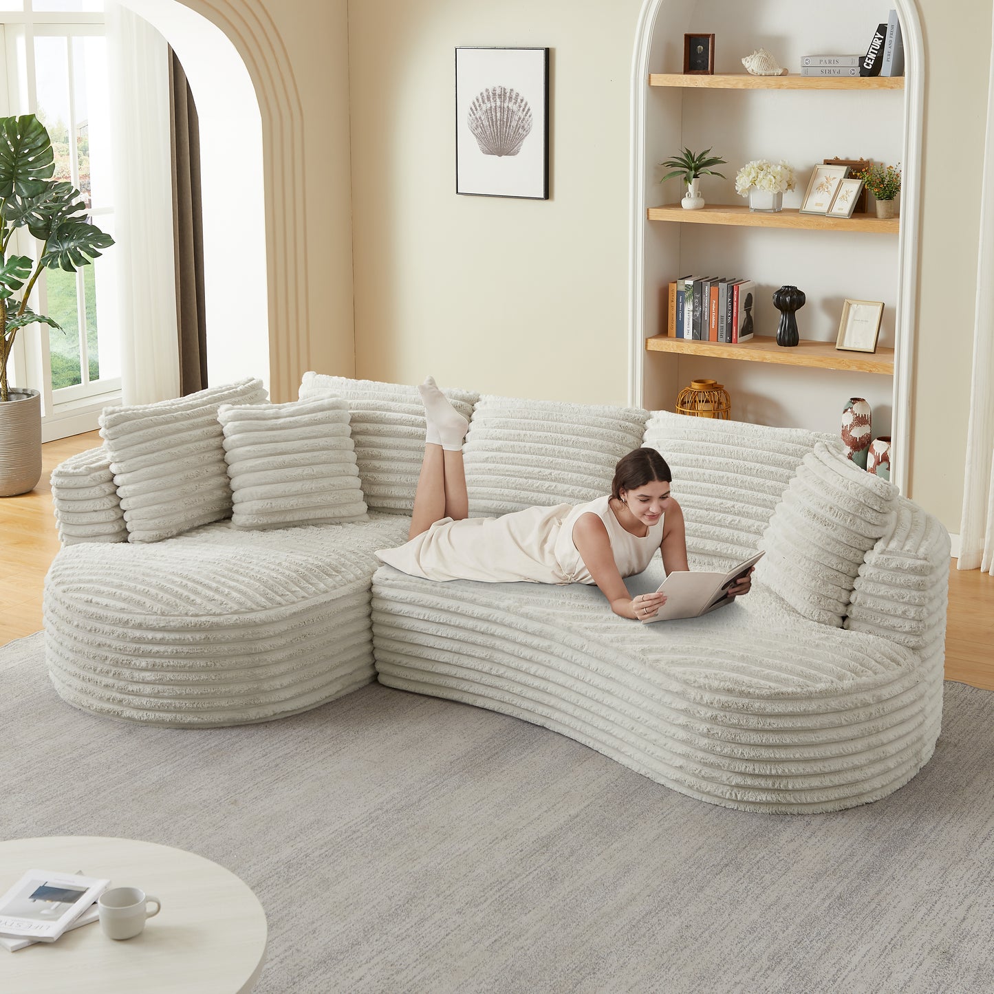 Corduroy Compression Sofa — 4-Seat, 121"W — Cream