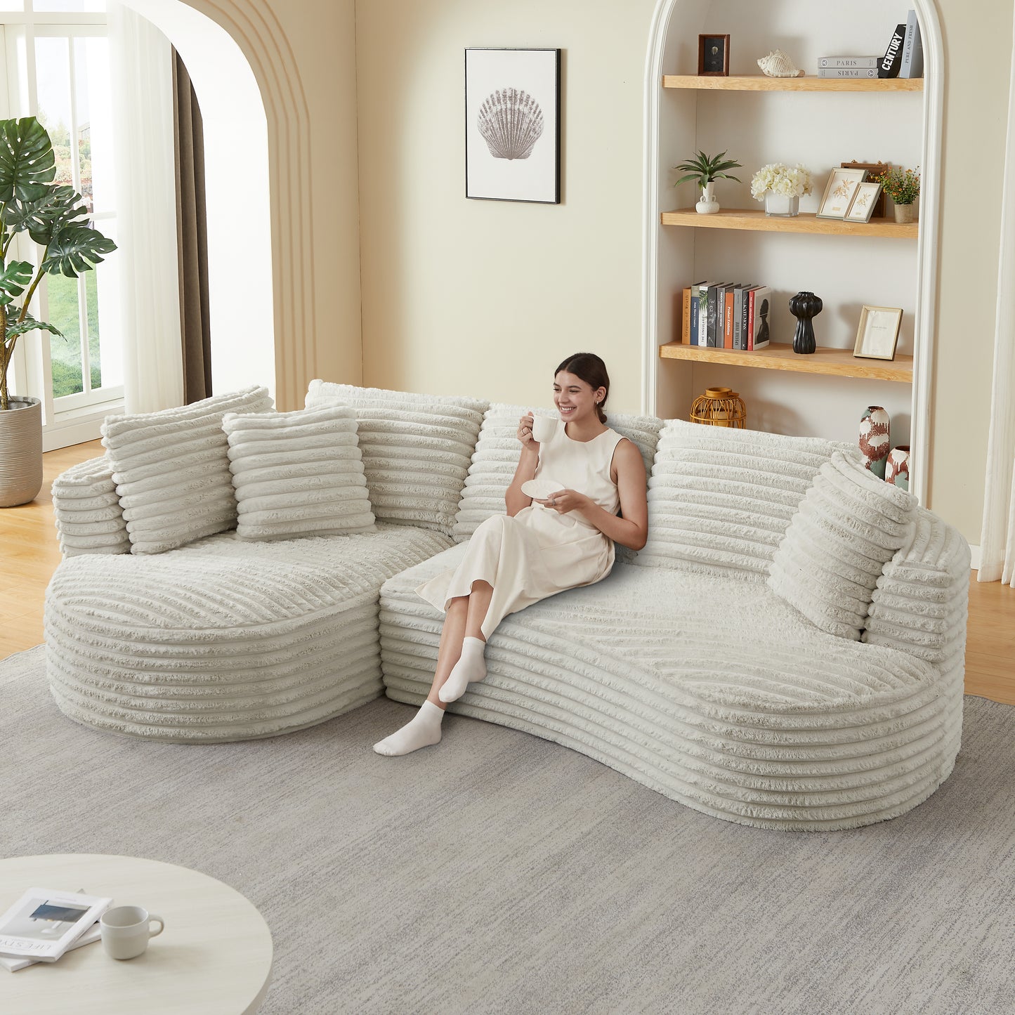 Corduroy Compression Sofa — 4-Seat, 121"W — Cream