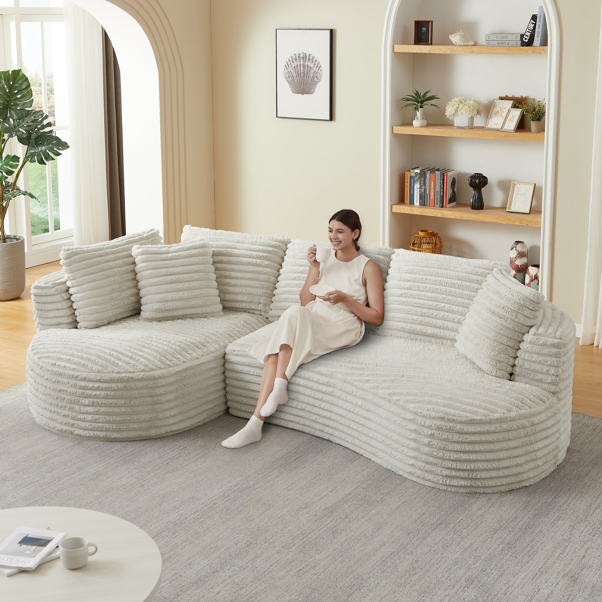 Corduroy Compression Sofa — 4-Seat, 121"W — Cream