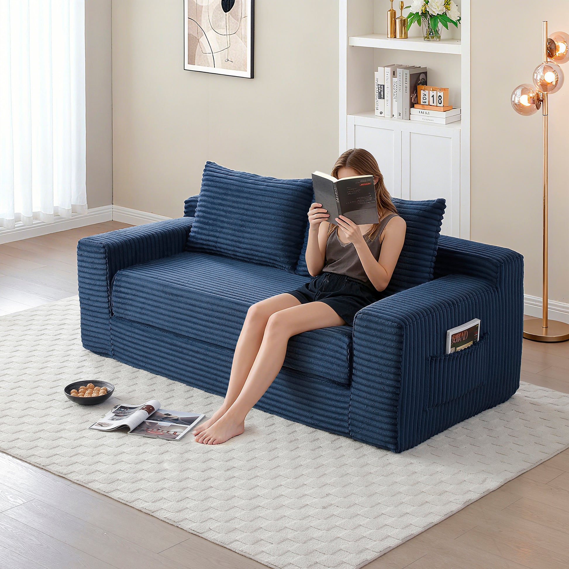 Corduroy Compression Sofa — 3-Seat, 73"W — Blue