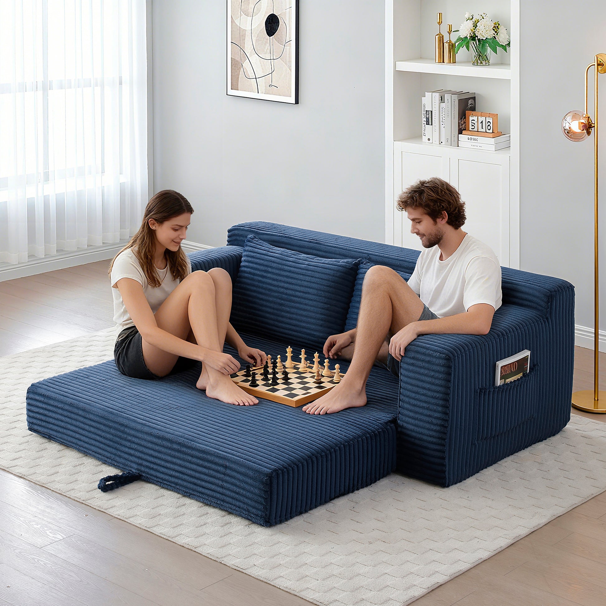 Corduroy Compression Sofa — 3-Seat, 73"W — Blue