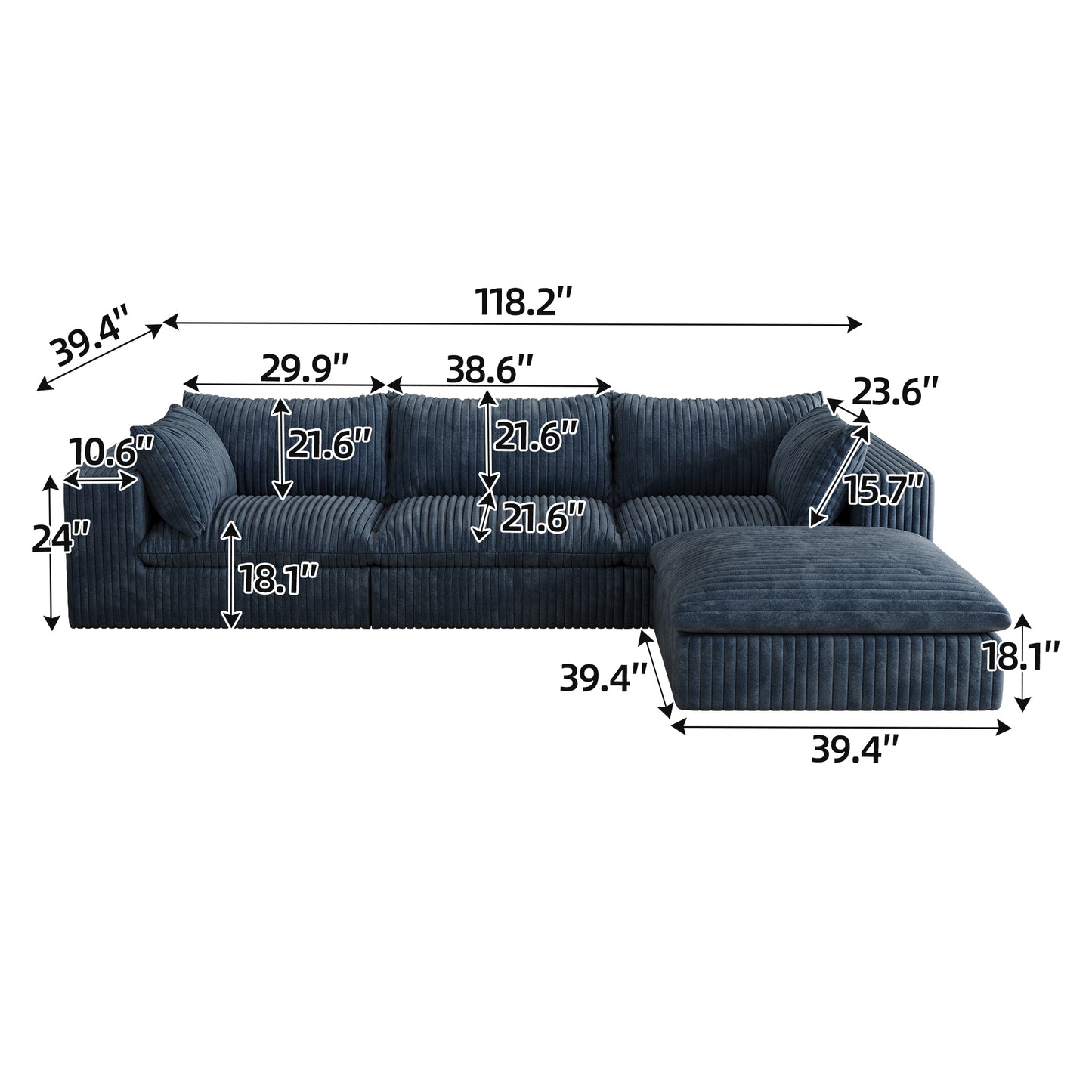 Corduroy Compression Sectional — 2/3/4-Seat — Blue / 3-Seat + 1 Ottoman
