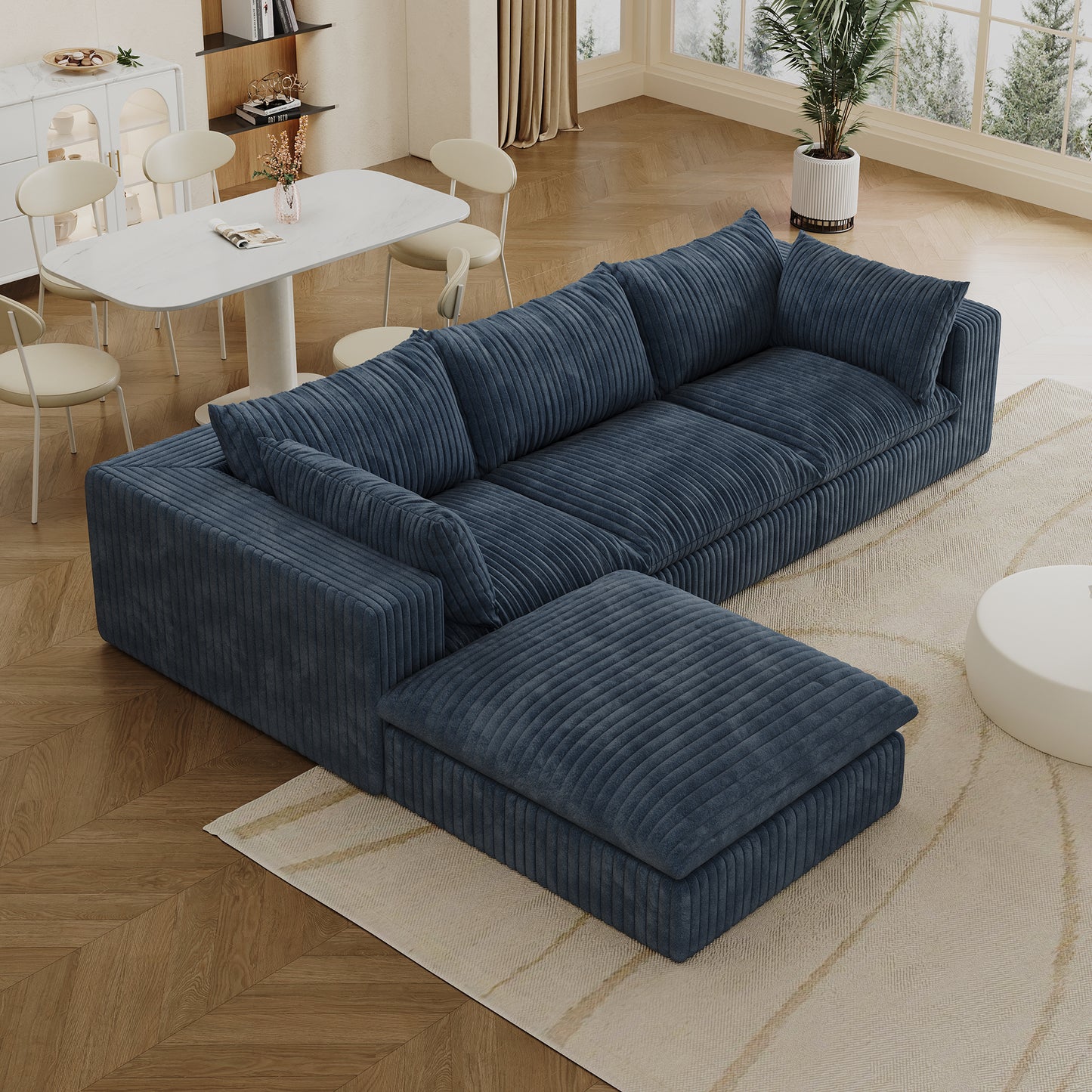 Corduroy Compression Sectional — 2/3/4-Seat — Blue / 3-Seat + 1 Ottoman