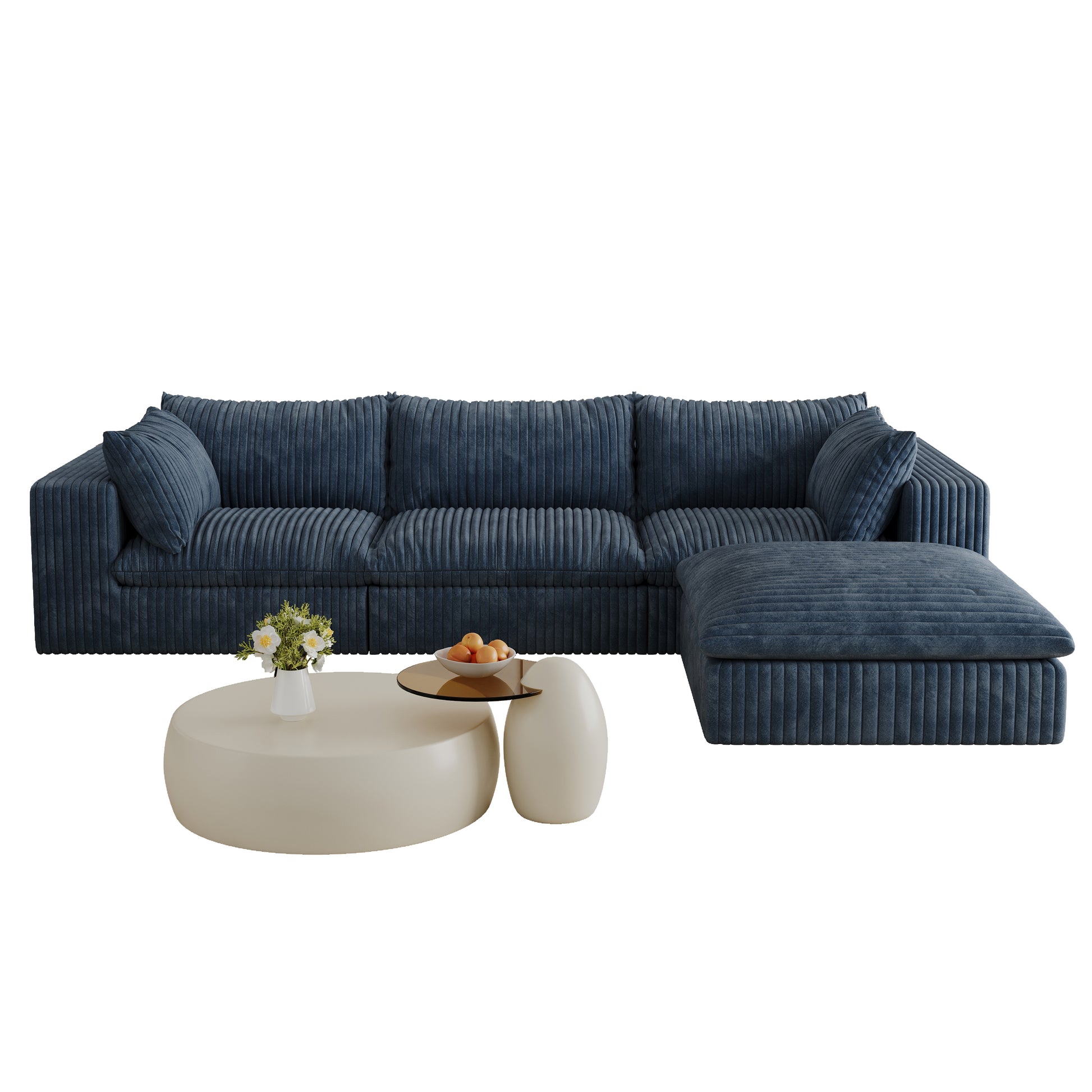 Corduroy Compression Sectional — 2/3/4-Seat — Blue / 3-Seat + 1 Ottoman