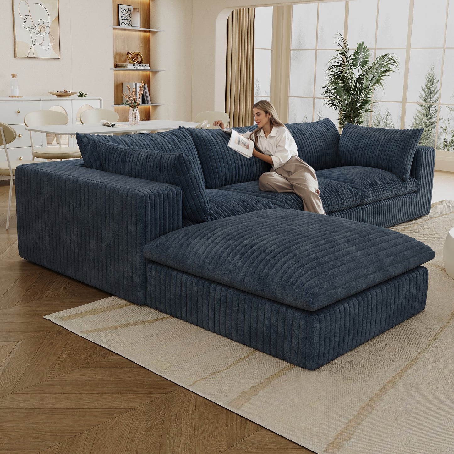 Corduroy Compression Sectional — 2/3/4-Seat — Blue / 3-Seat + 1 Ottoman