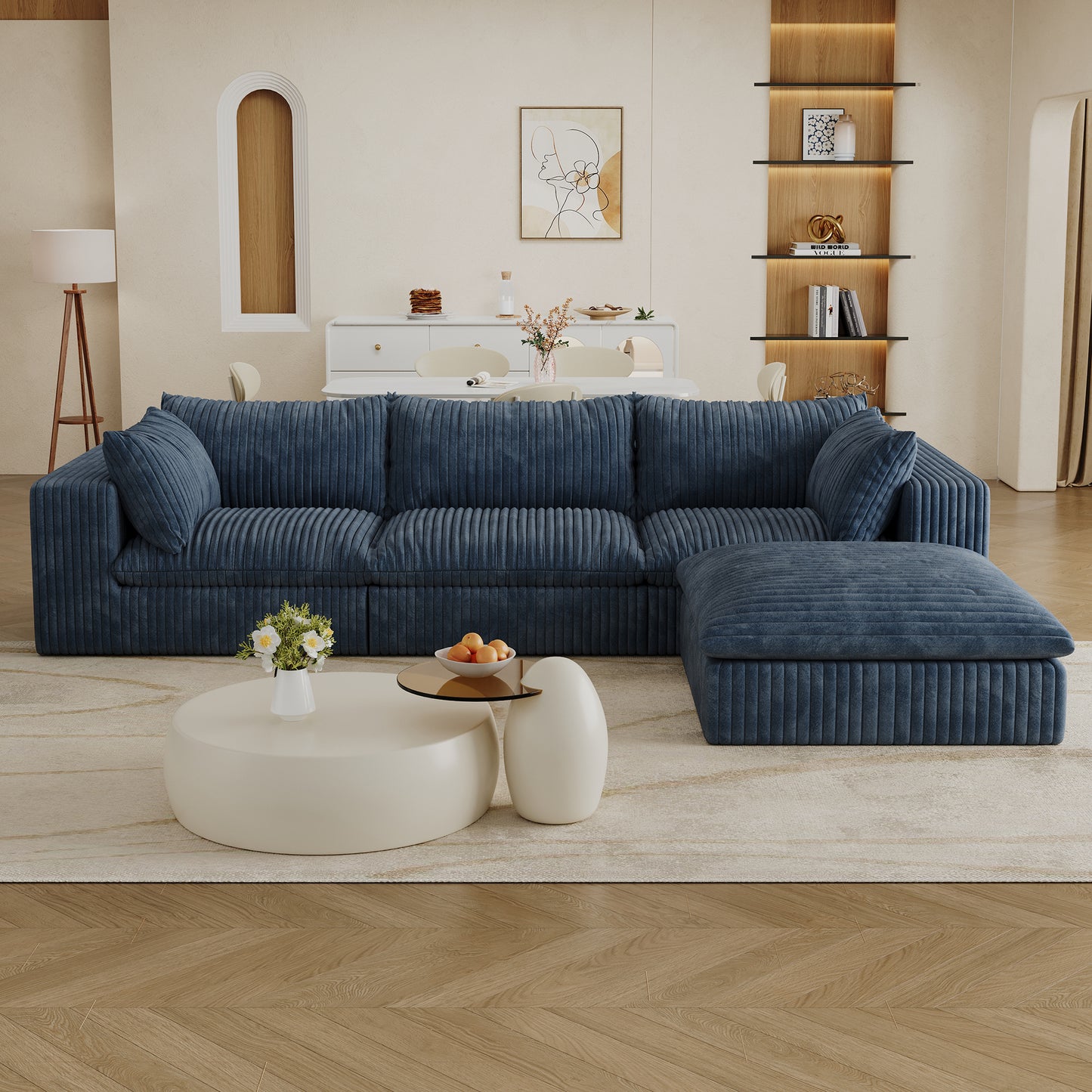 Corduroy Compression Sectional — 2/3/4-Seat — Blue / 3-Seat + 1 Ottoman