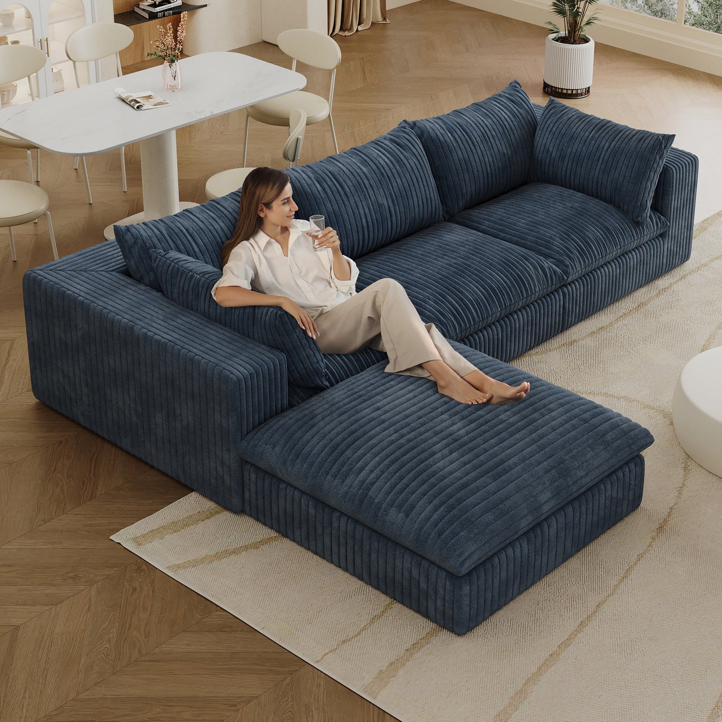 Corduroy Compression Sectional — 2/3/4-Seat — Blue / 3-Seat + 1 Ottoman