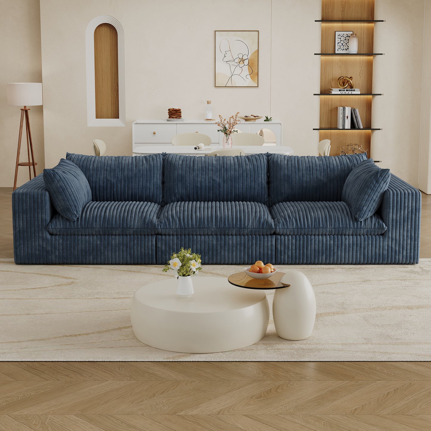 Corduroy Compression Sectional — 2/3/4-Seat — Blue / 3-Seat
