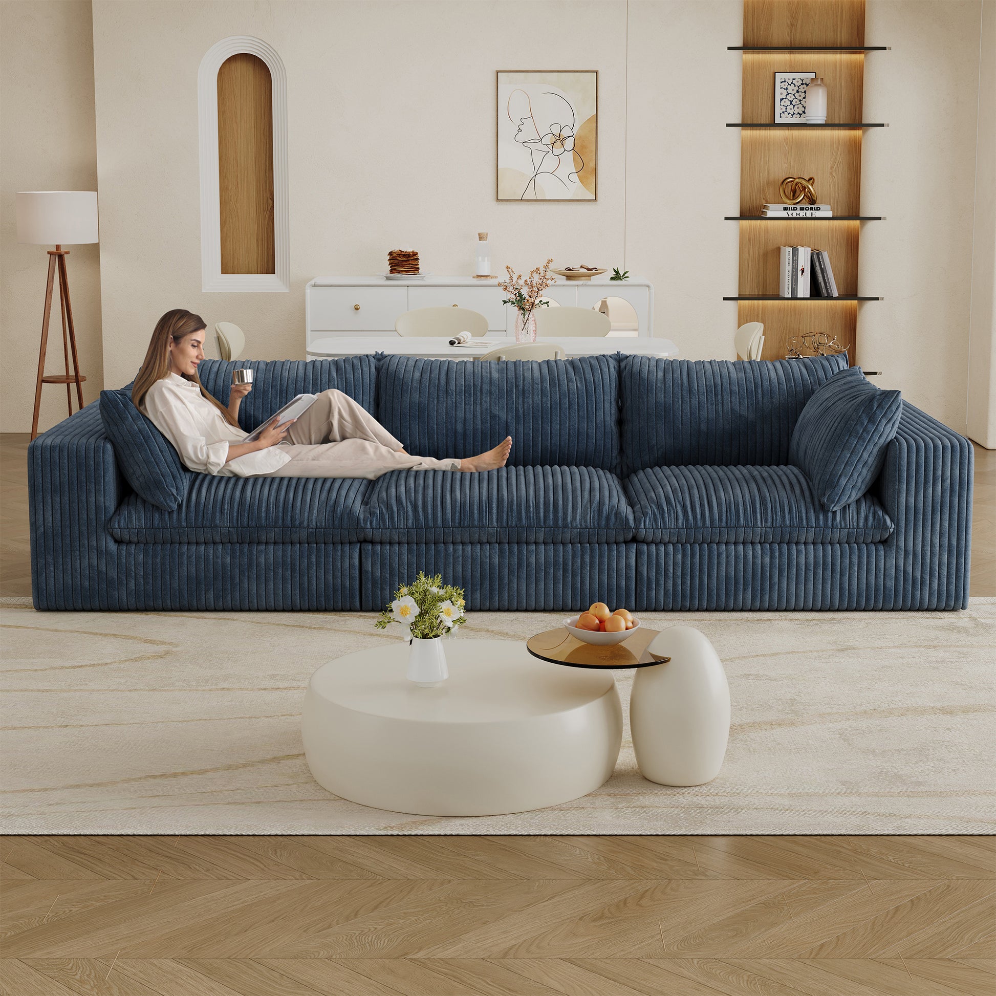 Corduroy Compression Sectional — 2/3/4-Seat — Blue / 3-Seat