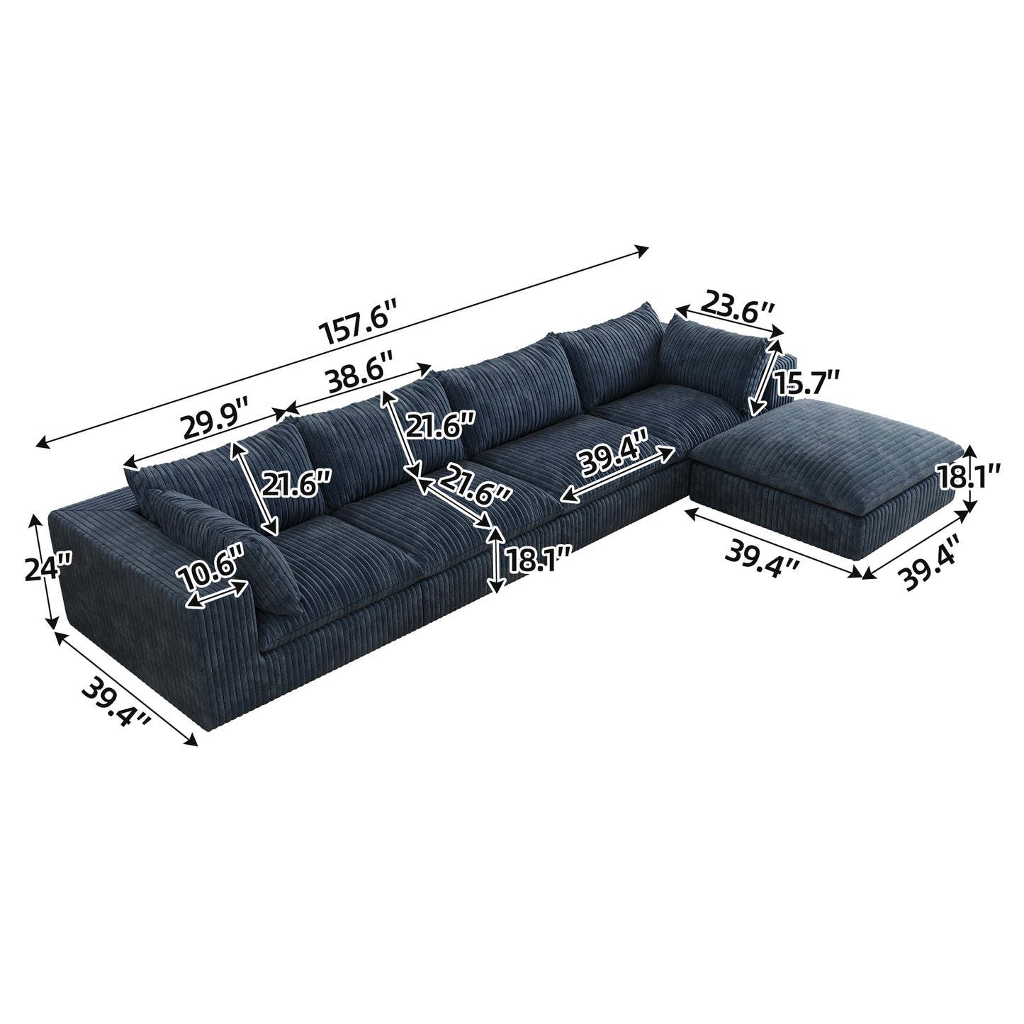 Corduroy Compression Sectional — 2/3/4-Seat — Blue / 4-Seat + 1 Ottoman