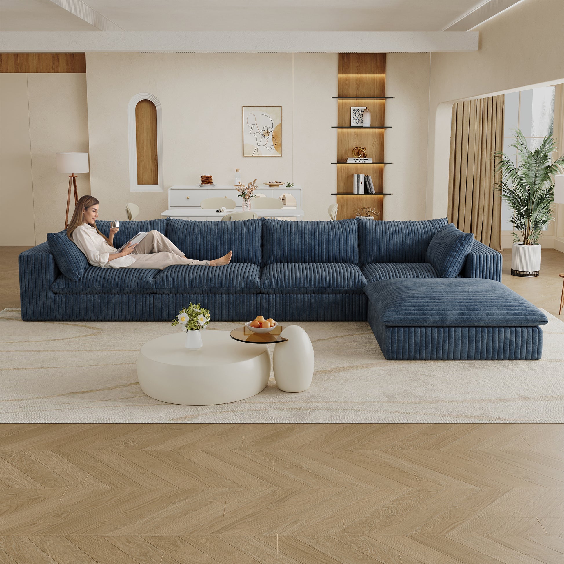 Corduroy Compression Sectional — 2/3/4-Seat — Blue / 4-Seat + 1 Ottoman