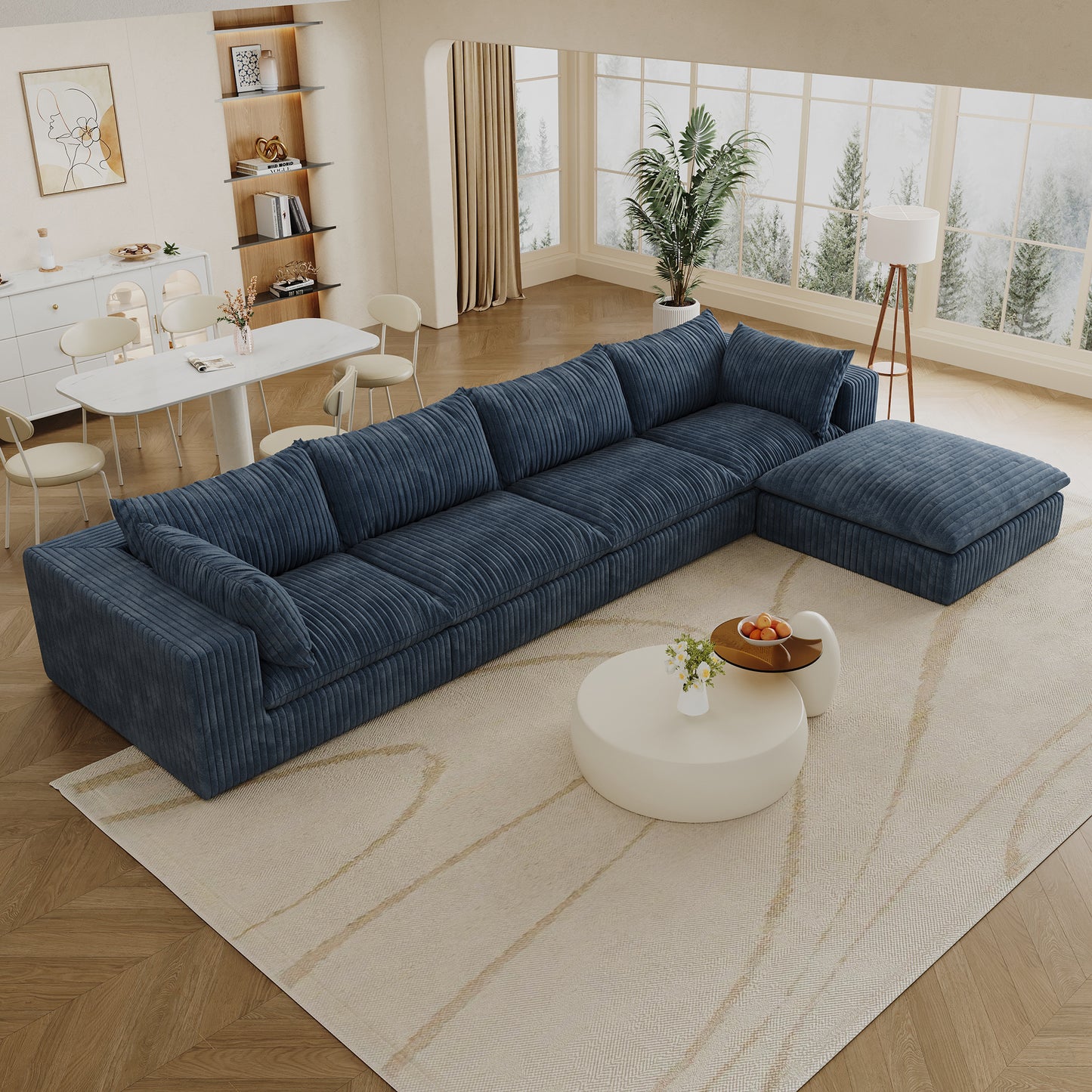 Corduroy Compression Sectional — 2/3/4-Seat — Blue / 4-Seat + 1 Ottoman