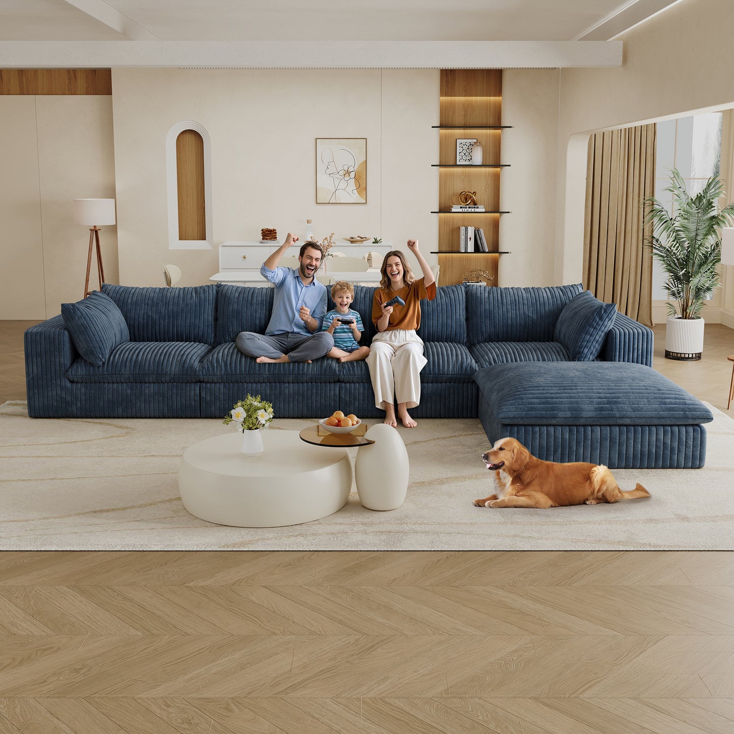 Corduroy Compression Sectional — 2/3/4-Seat — Blue / 4-Seat + 1 Ottoman