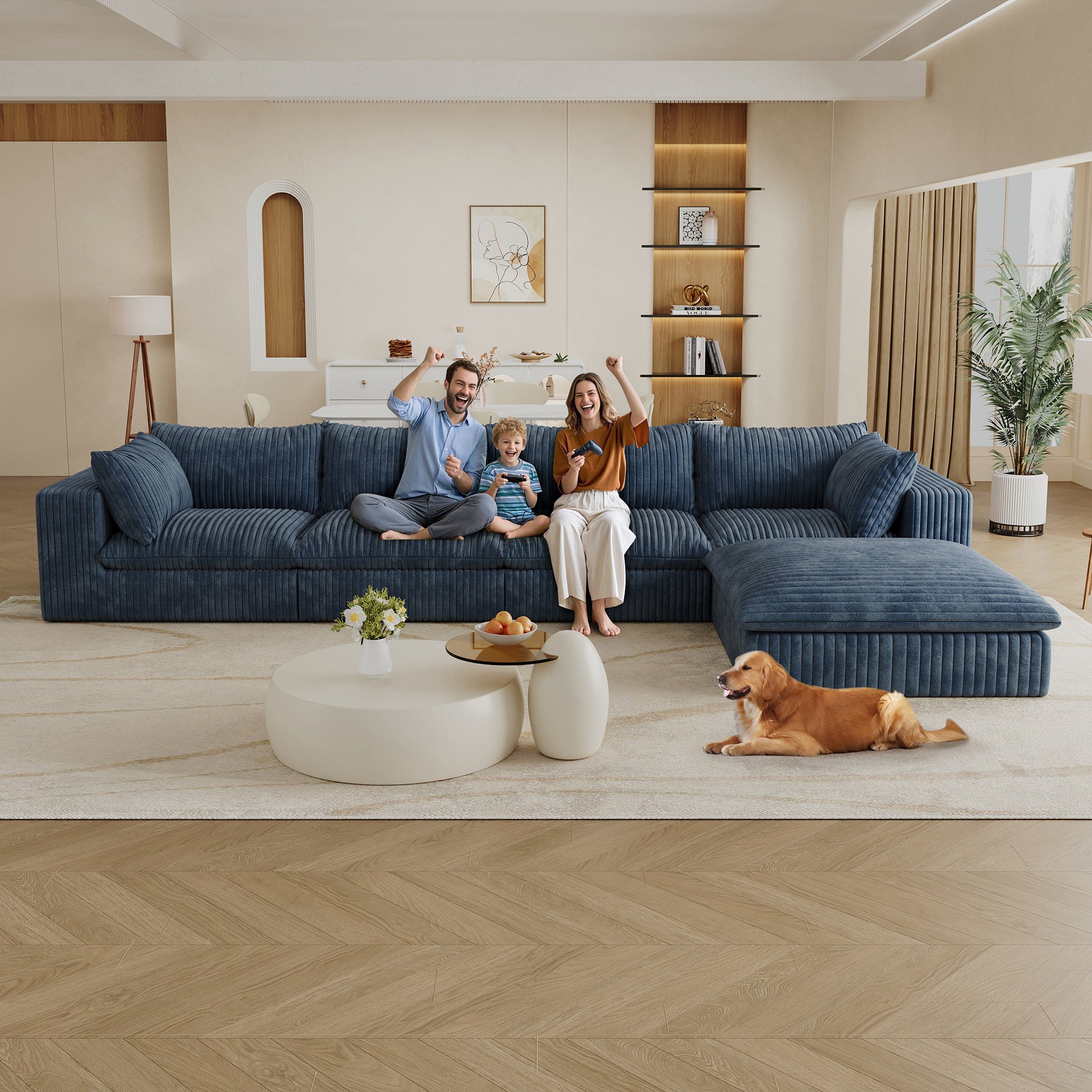 Corduroy Compression Sectional — 2/3/4-Seat — Blue / 4-Seat + 1 Ottoman