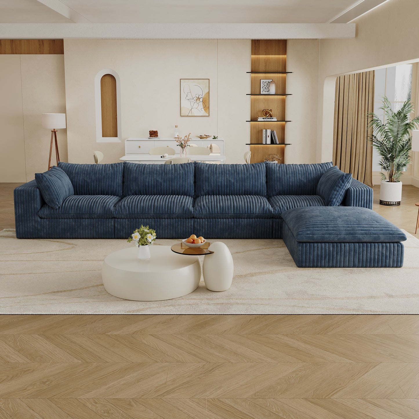 Corduroy Compression Sectional — 2/3/4-Seat — Blue / 4-Seat + 1 Ottoman