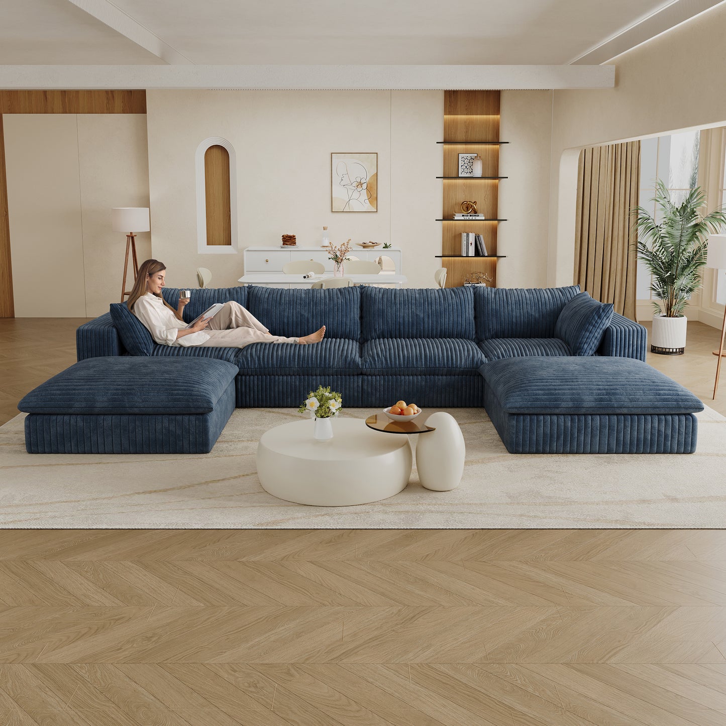 Corduroy Compression Sectional — 2/3/4-Seat — Blue / 4-Seat + 2 Ottomans