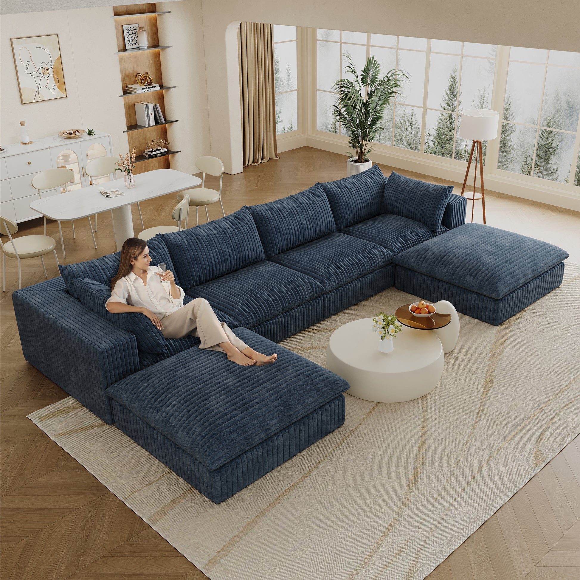 Corduroy Compression Sectional — 2/3/4-Seat — Blue / 4-Seat + 2 Ottomans