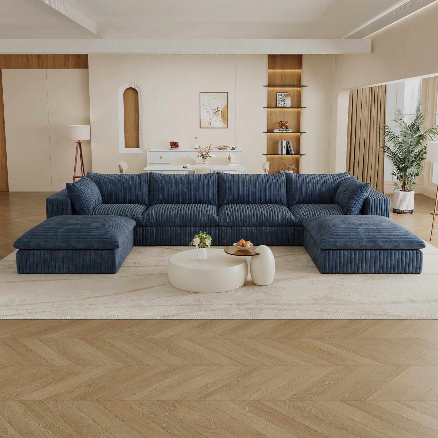 Corduroy Compression Sectional — 2/3/4-Seat — Blue / 4-Seat + 2 Ottomans