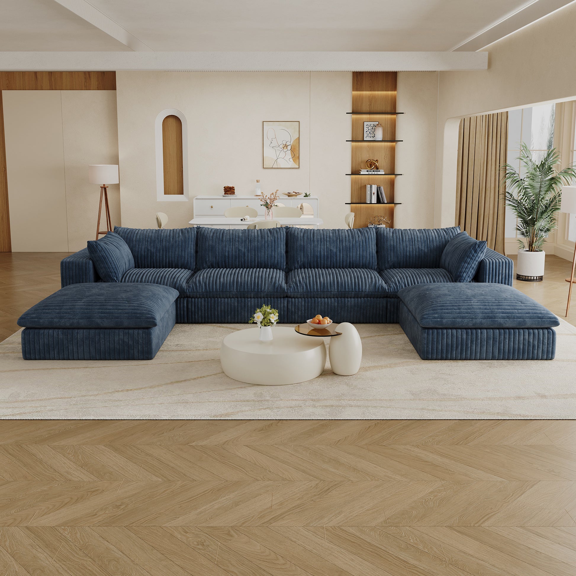 Corduroy Compression Sectional — 2/3/4-Seat — Blue / 4-Seat + 2 Ottomans