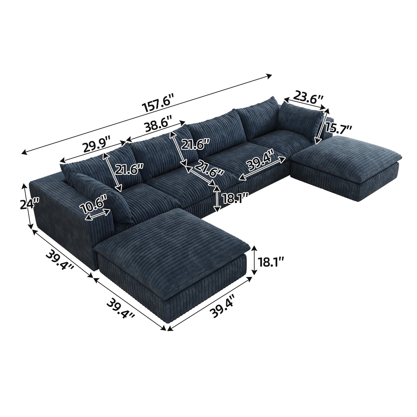 Corduroy Compression Sectional — 2/3/4-Seat — Blue / 4-Seat + 2 Ottomans