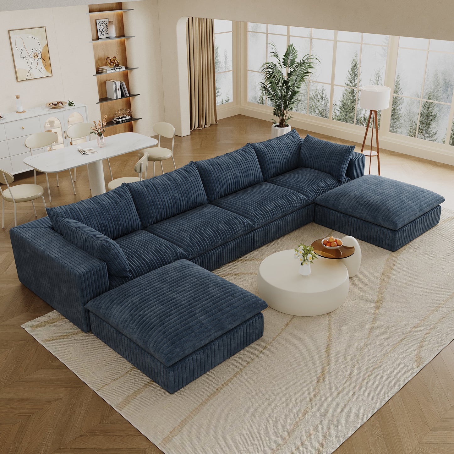 Corduroy Compression Sectional — 2/3/4-Seat — Blue / 4-Seat + 2 Ottomans