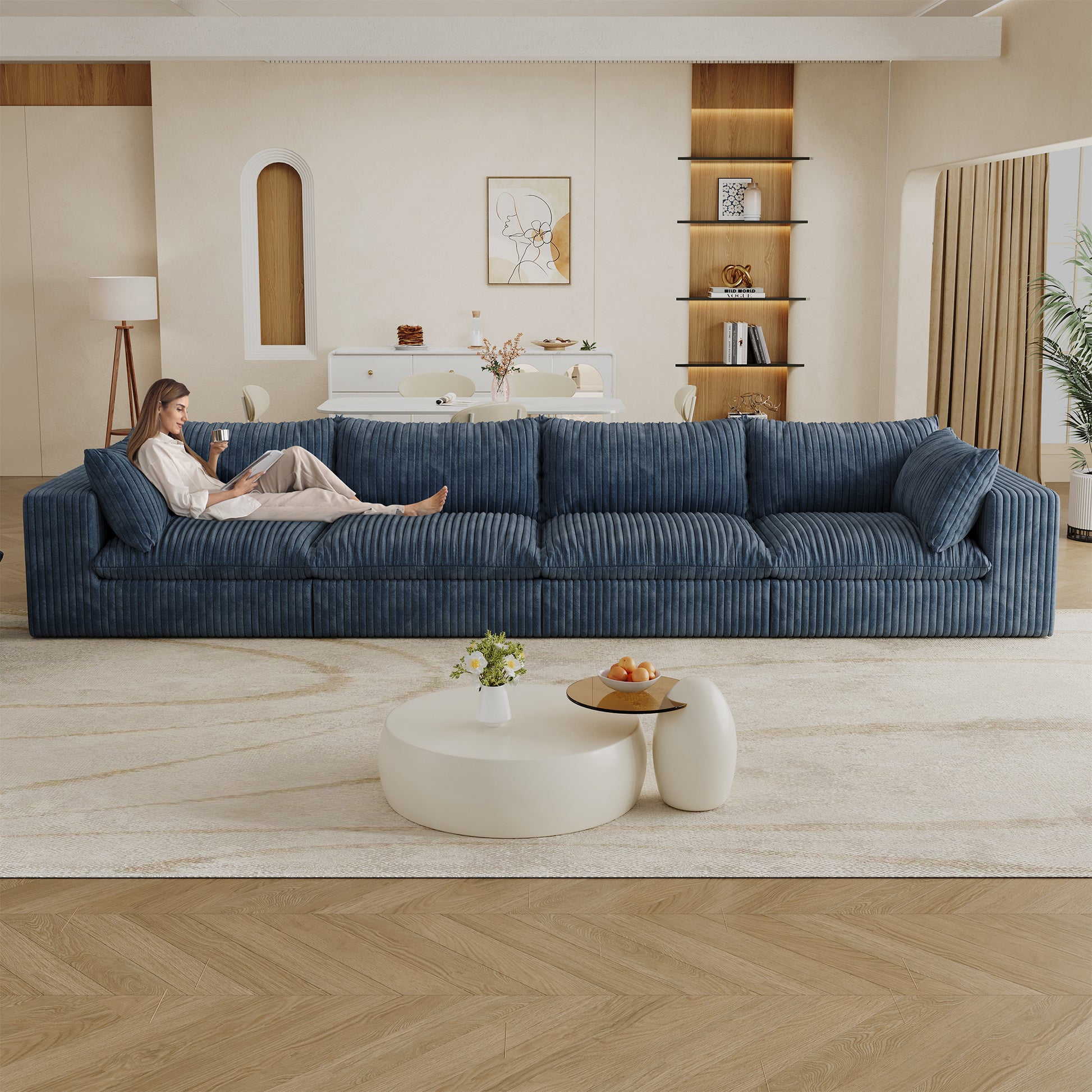 Corduroy Compression Sectional — 2/3/4-Seat — Blue / 4-Seat