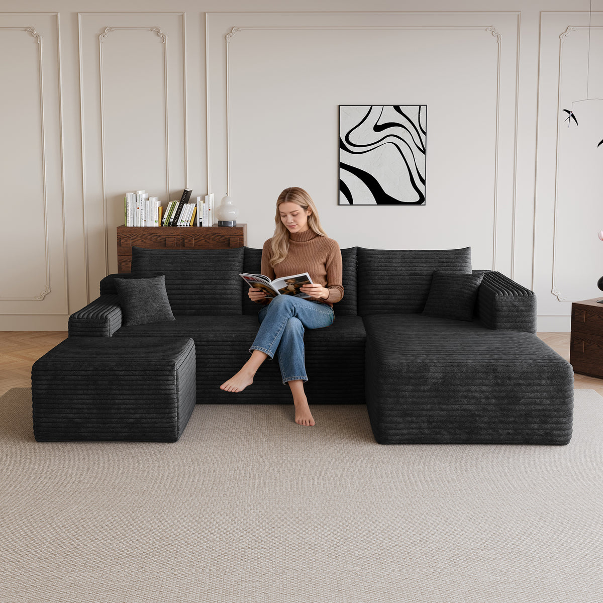 Corduroy Compression Sectional — Black / Right-Facing + 1 Ottoman