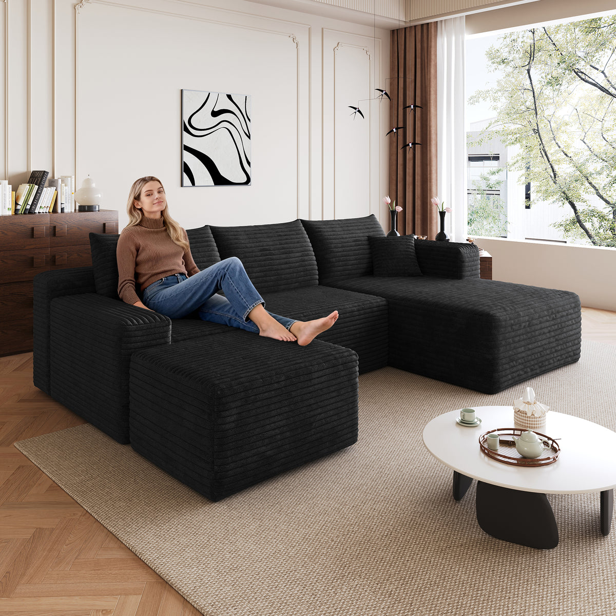 Corduroy Compression Sectional — Black / Right-Facing + 1 Ottoman