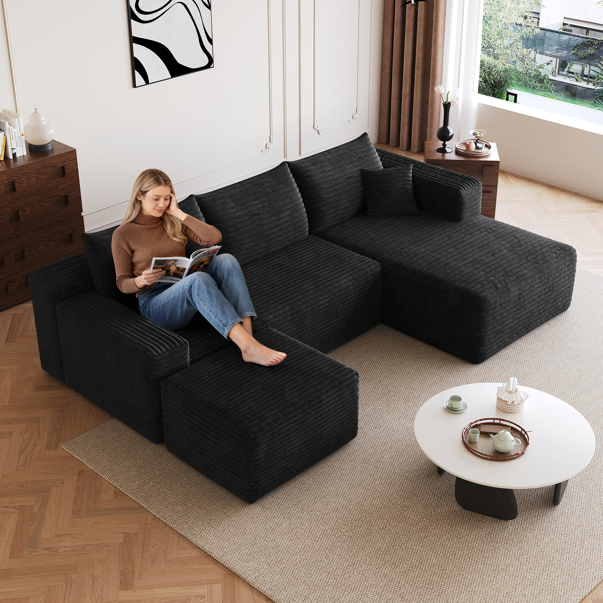 Corduroy Compression Sectional — Black / Right-Facing + 1 Ottoman