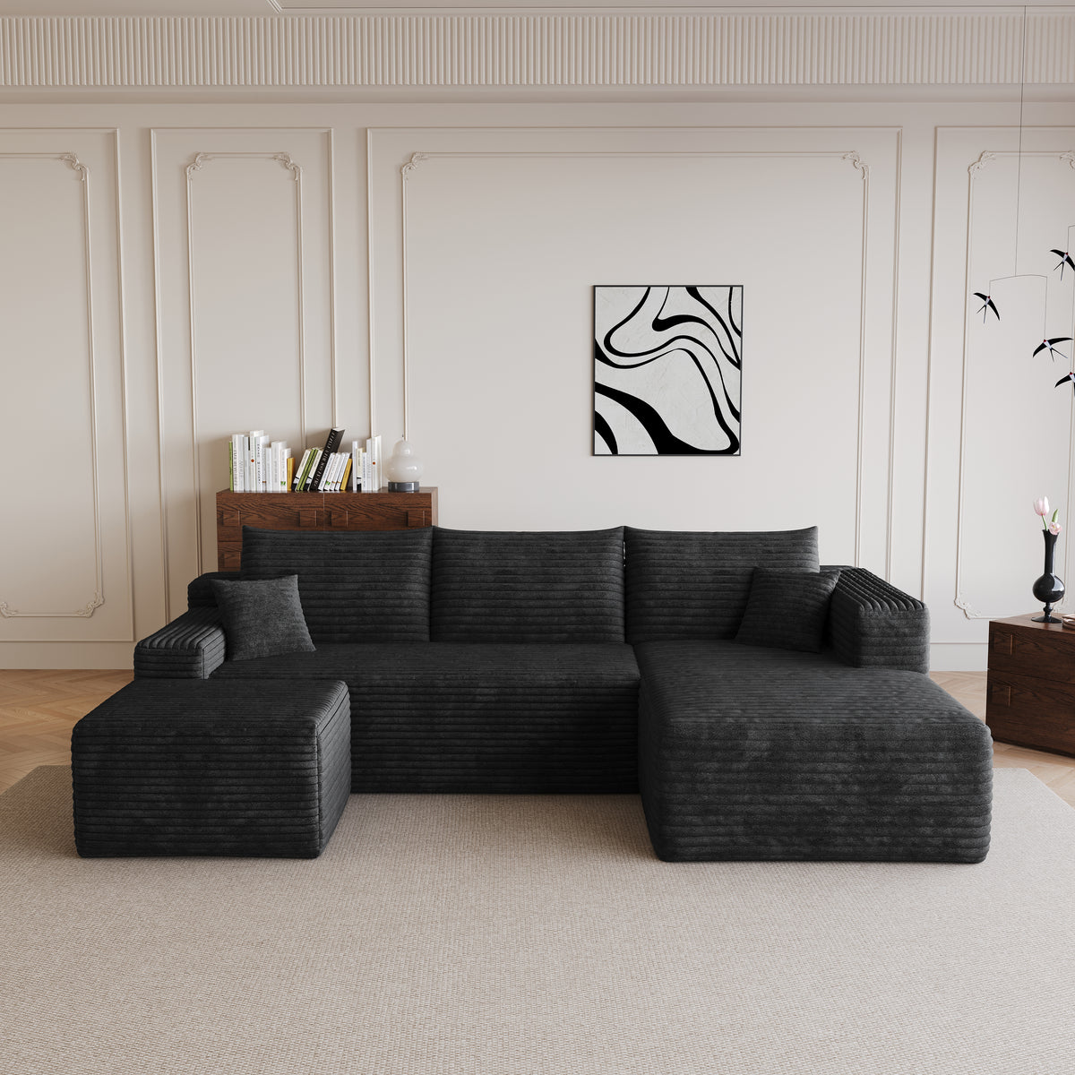 Corduroy Compression Sectional — Black / Right-Facing + 1 Ottoman