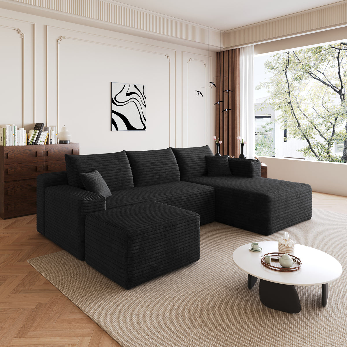 Corduroy Compression Sectional — Black / Right-Facing + 1 Ottoman