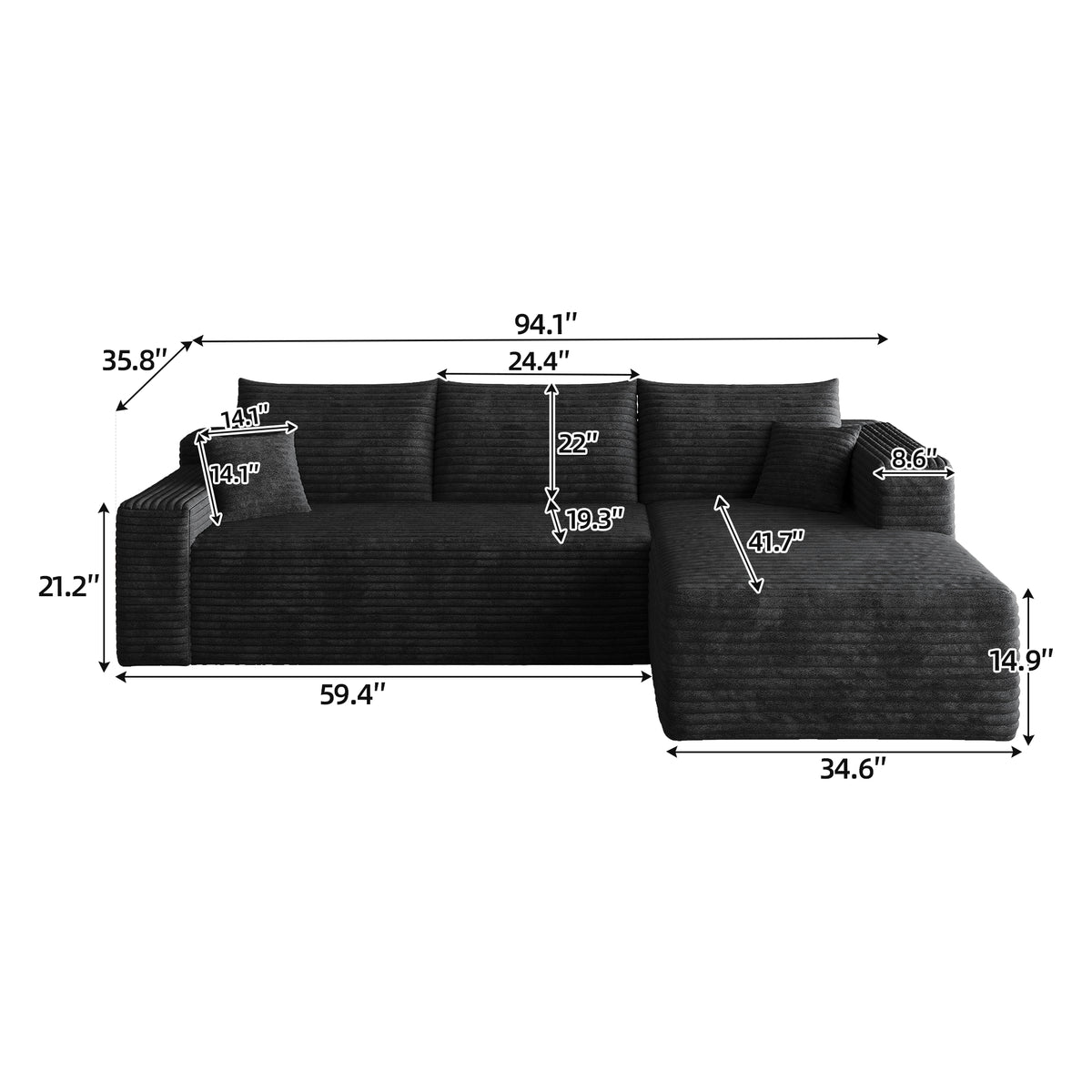Corduroy Compression Sectional — Black / Right-Facing