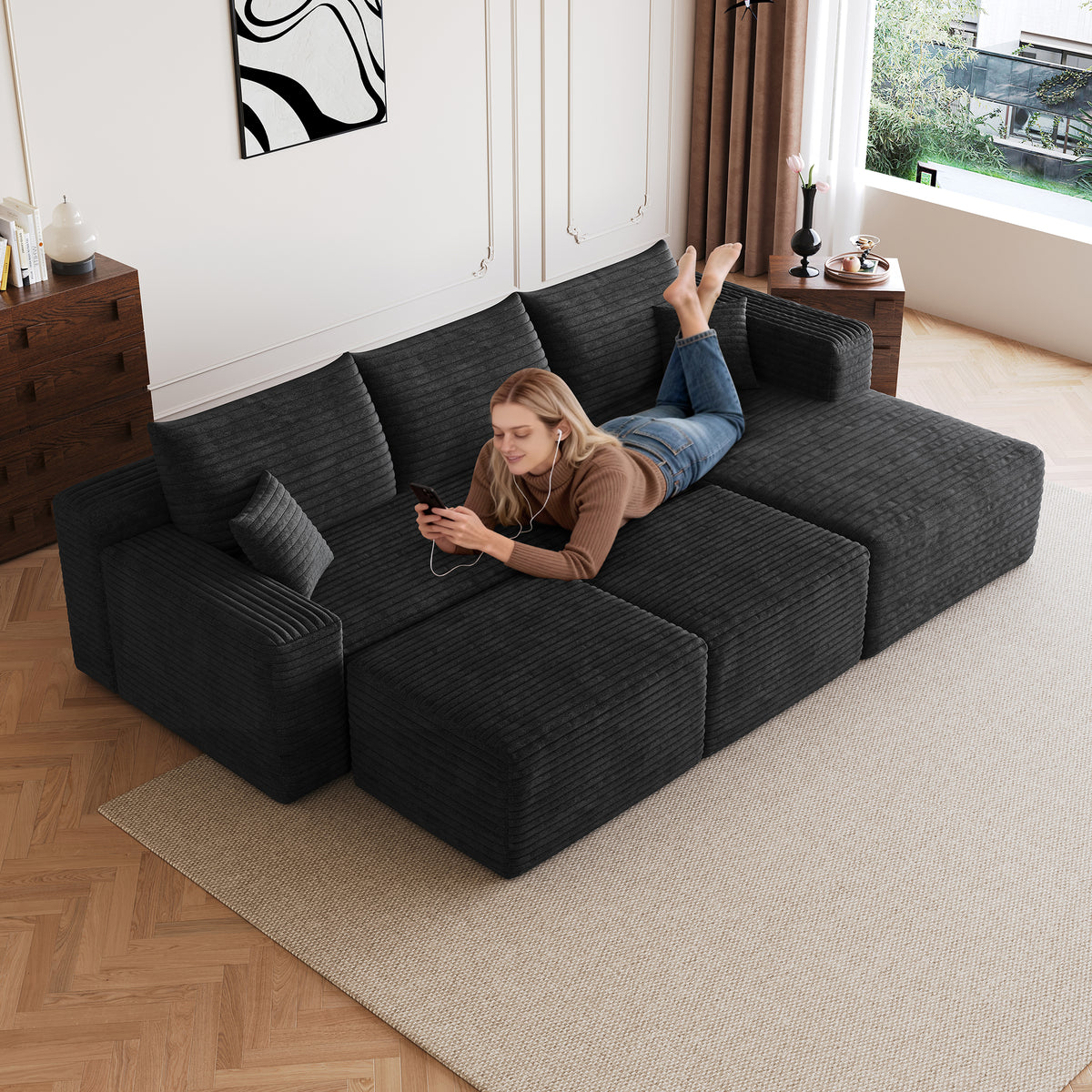 Corduroy Compression Sectional — Black / Right-Facing + 2 Ottomans