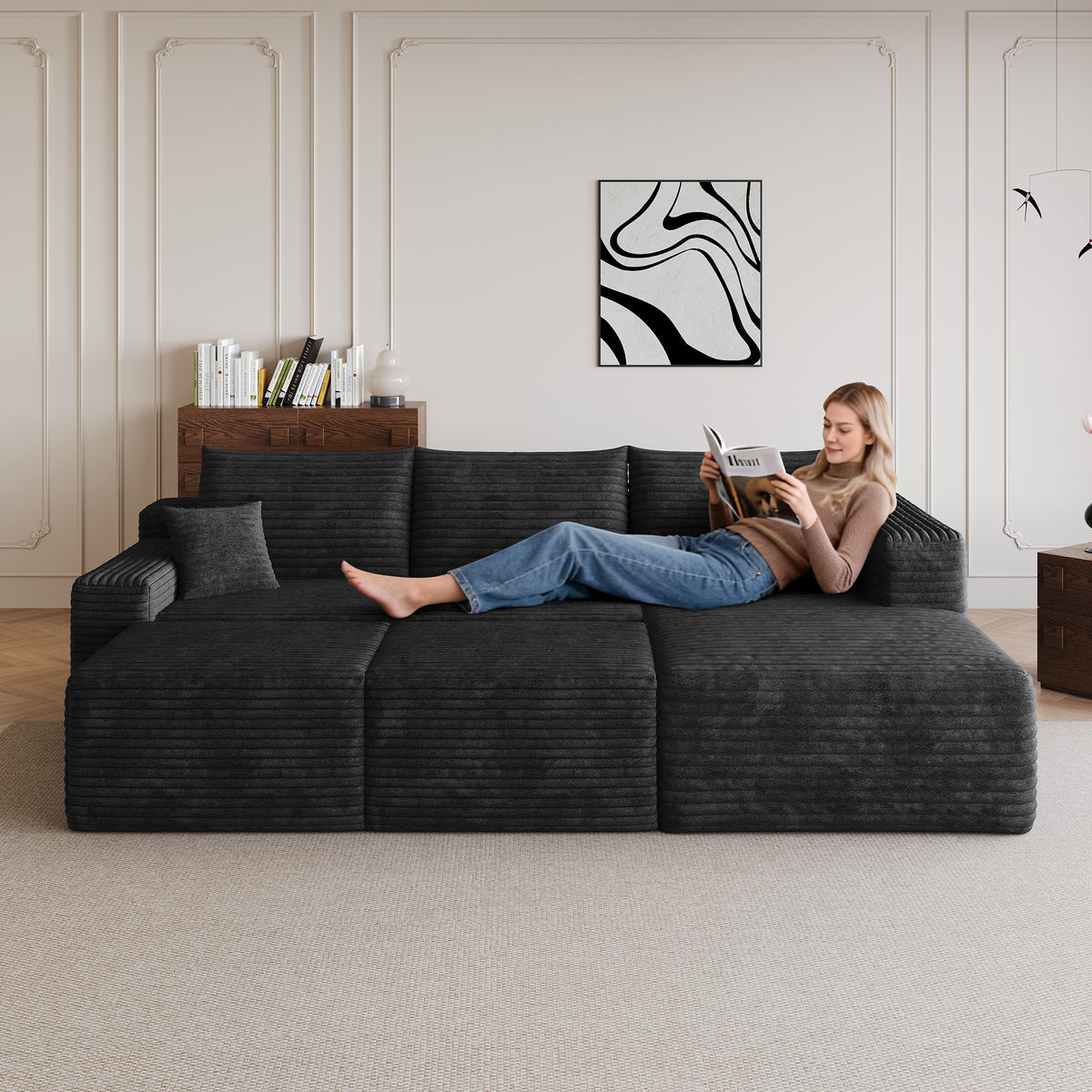 Corduroy Compression Sectional — Black / Right-Facing + 2 Ottomans