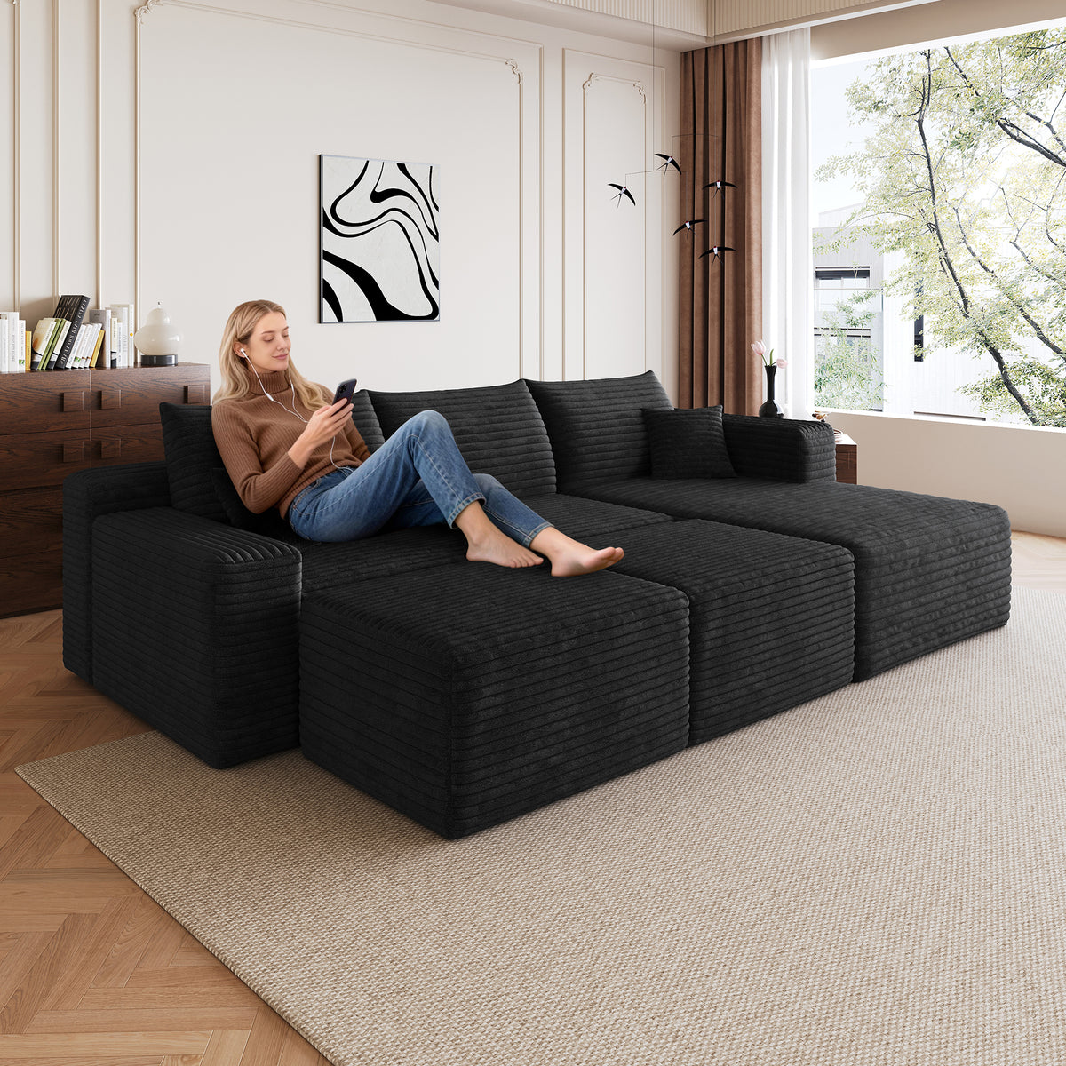 Corduroy Compression Sectional — Black / Right-Facing + 2 Ottomans
