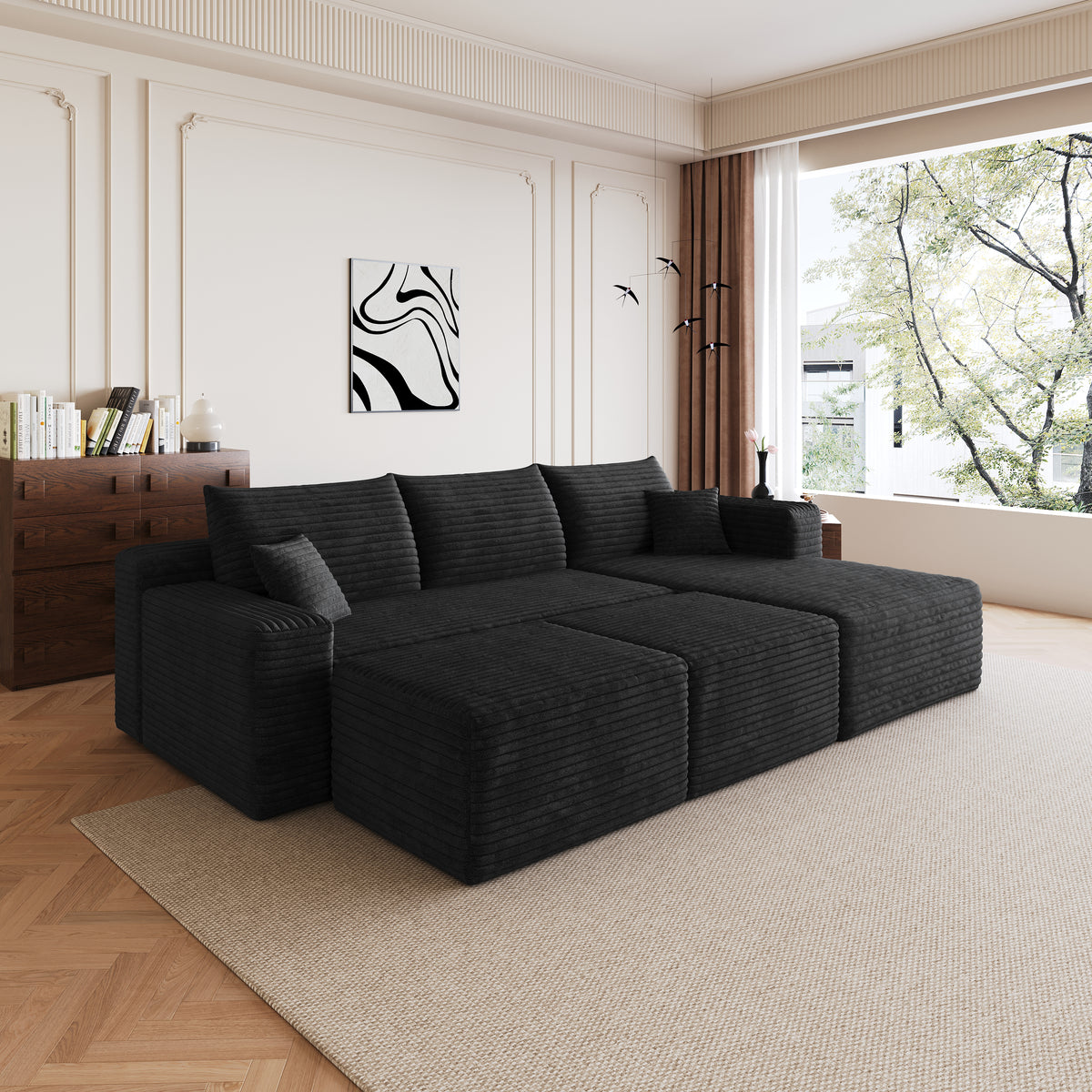Corduroy Compression Sectional — Black / Right-Facing + 2 Ottomans