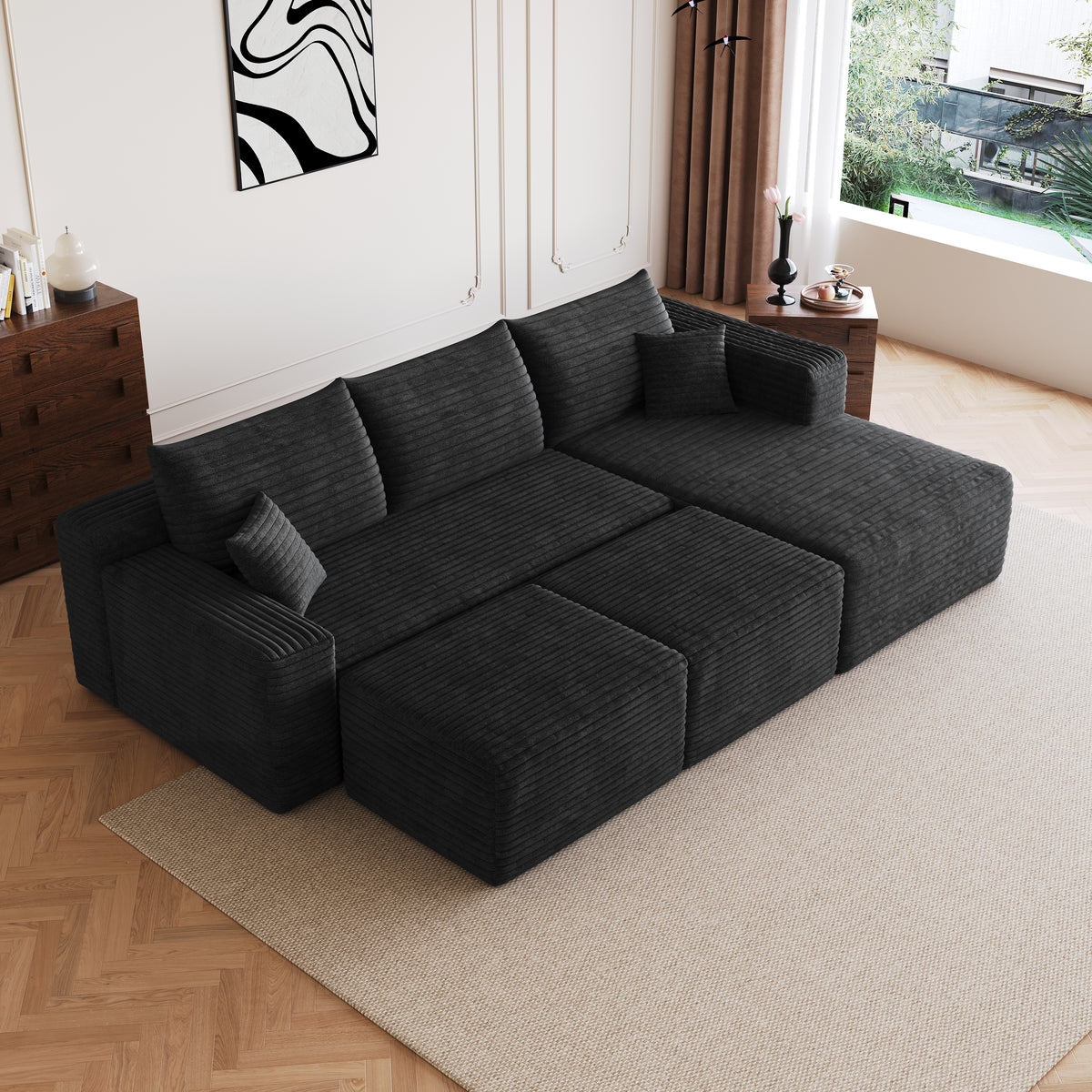 Corduroy Compression Sectional — Black / Right-Facing + 2 Ottomans