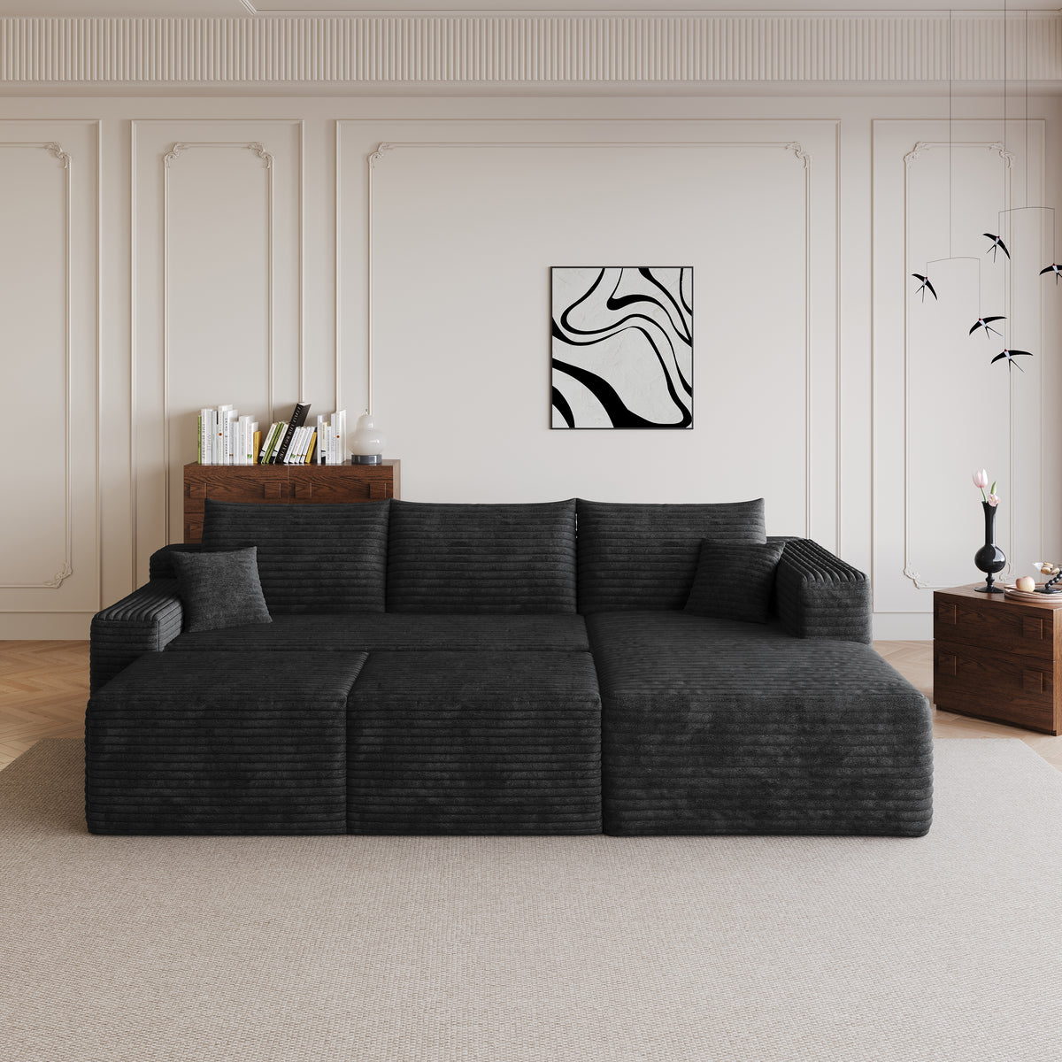 Corduroy Compression Sectional — Black / Right-Facing + 2 Ottomans