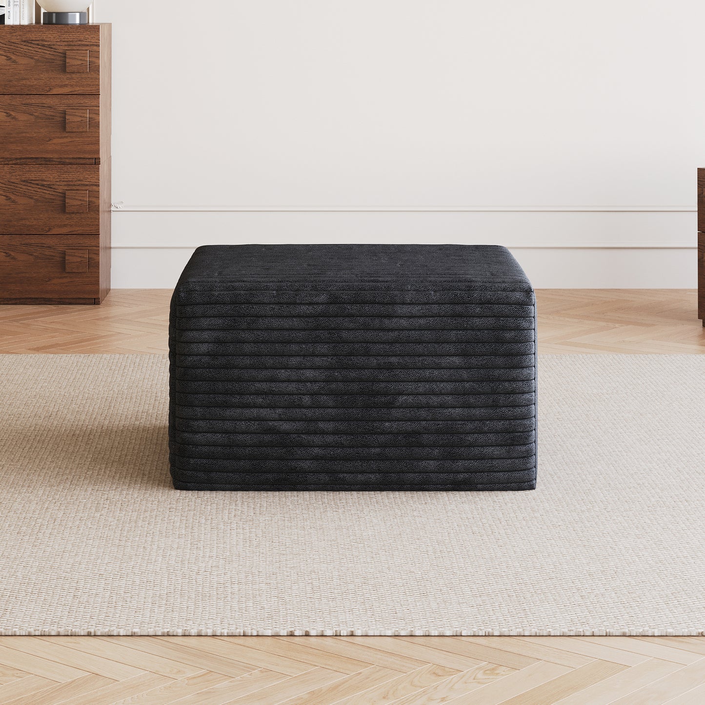 Corduroy Spring-Core Compression Sectional — 95"W — Black / 1 Ottoman