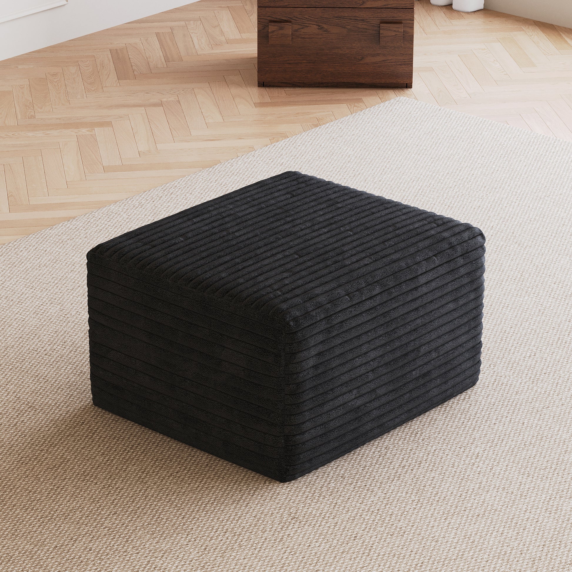 Corduroy Spring-Core Compression Sectional — 95"W — Black / 1 Ottoman