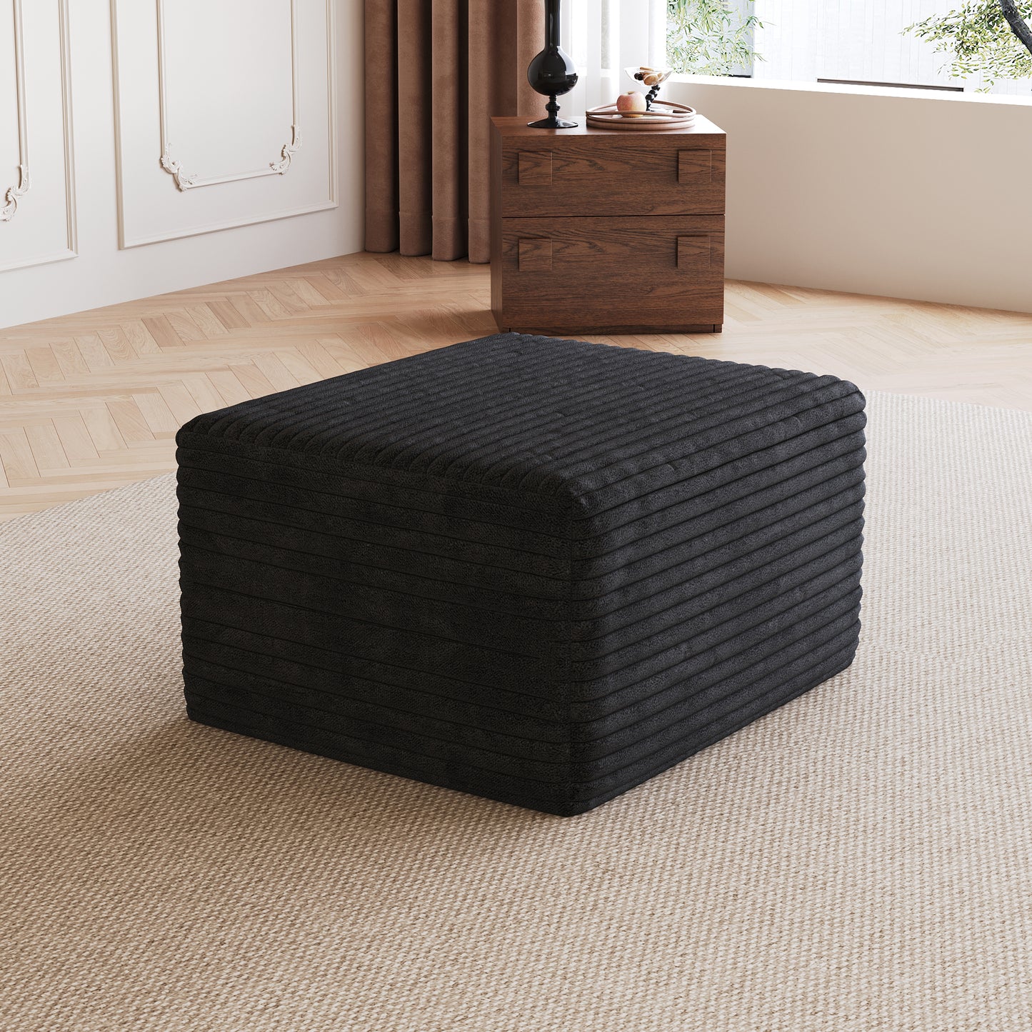 Corduroy Spring-Core Compression Sectional — 95"W — Black / 1 Ottoman