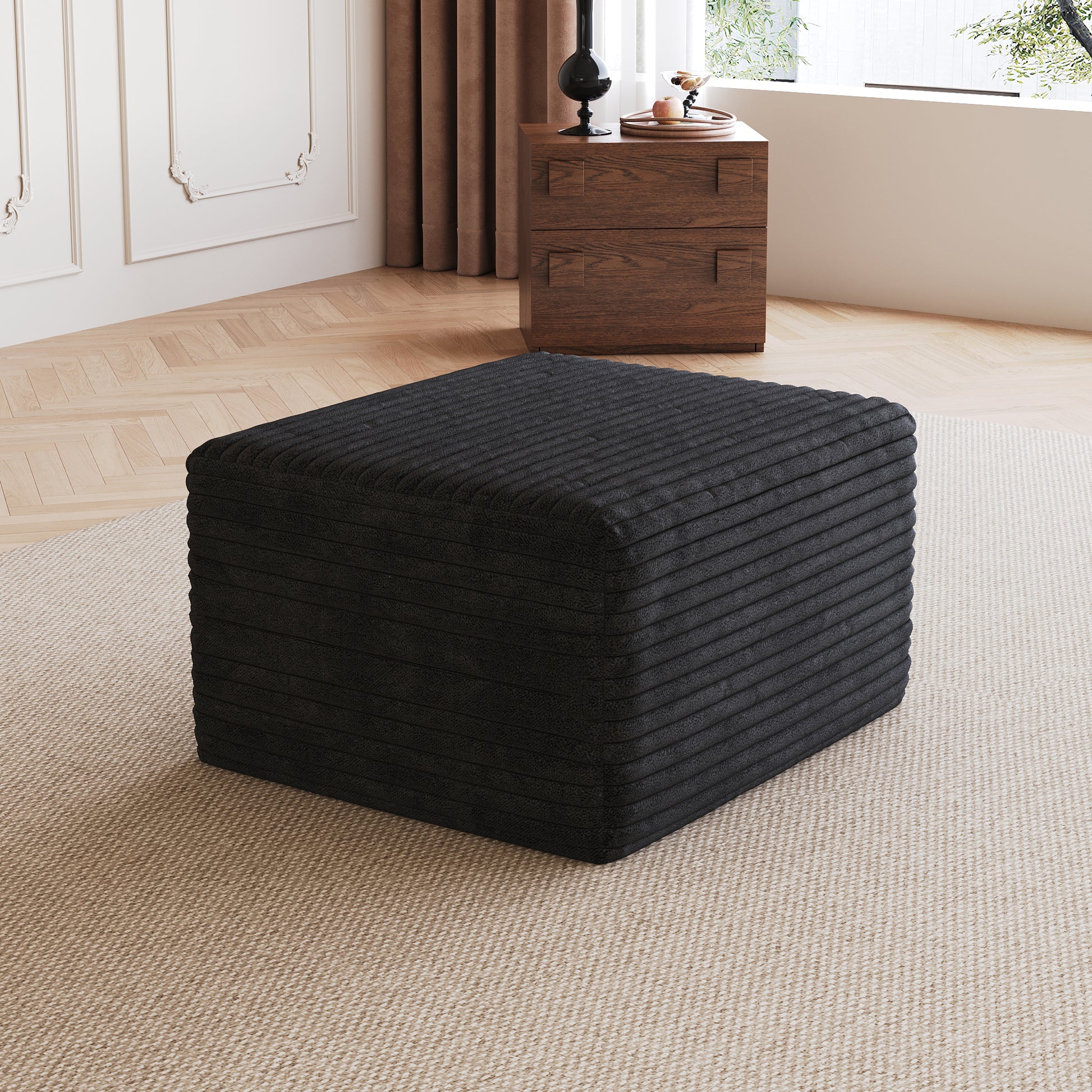 Corduroy Spring-Core Compression Sectional — 95"W — Black / 1 Ottoman