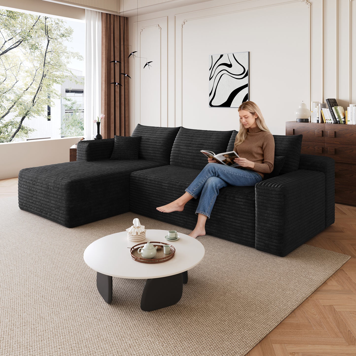 Corduroy Spring-Core Compression Sectional — 95"W — Black / Left-Facing