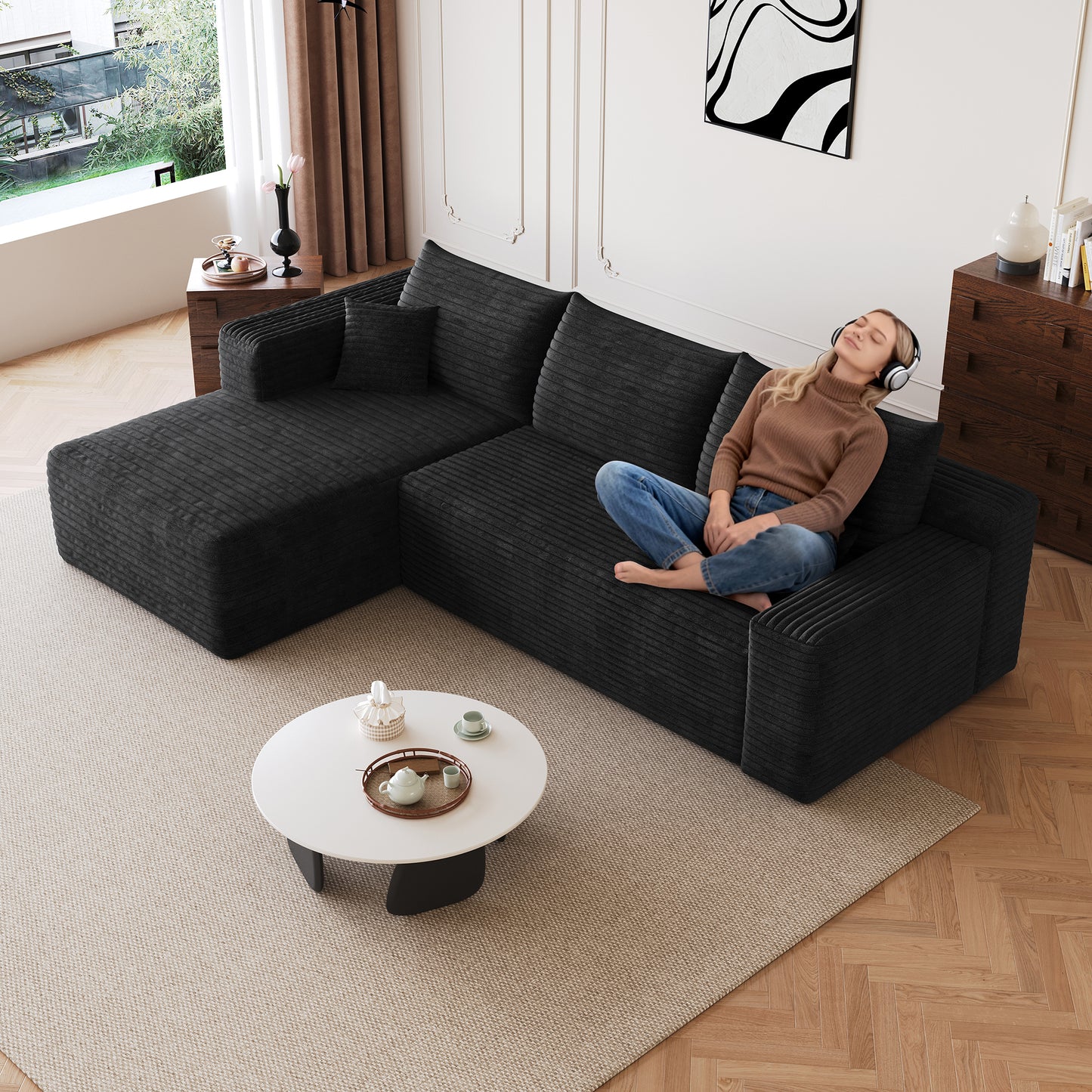 Corduroy Spring-Core Compression Sectional — 95"W — Black / Left-Facing