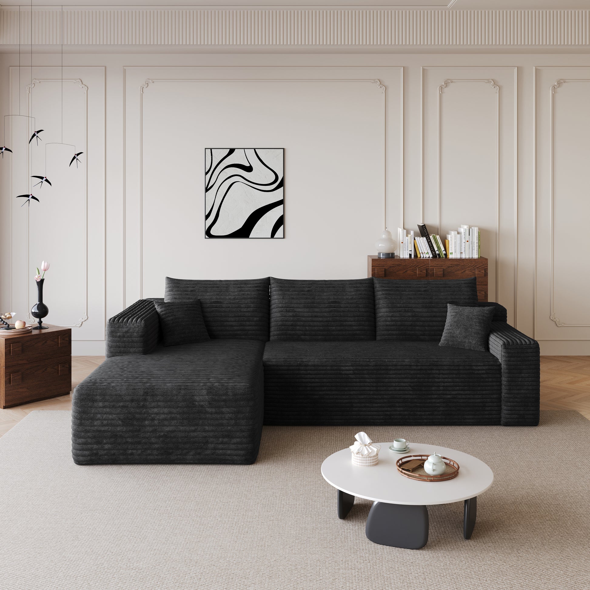 Corduroy Spring-Core Compression Sectional — 95"W — Black / Left-Facing