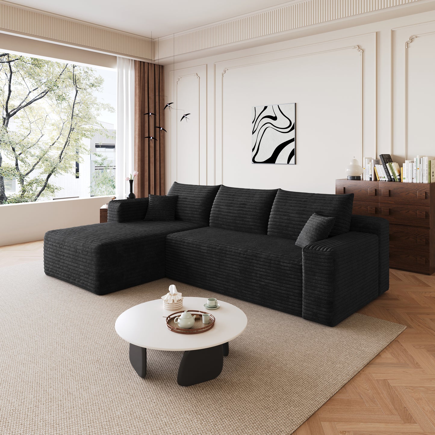 Corduroy Spring-Core Compression Sectional — 95"W — Black / Left-Facing